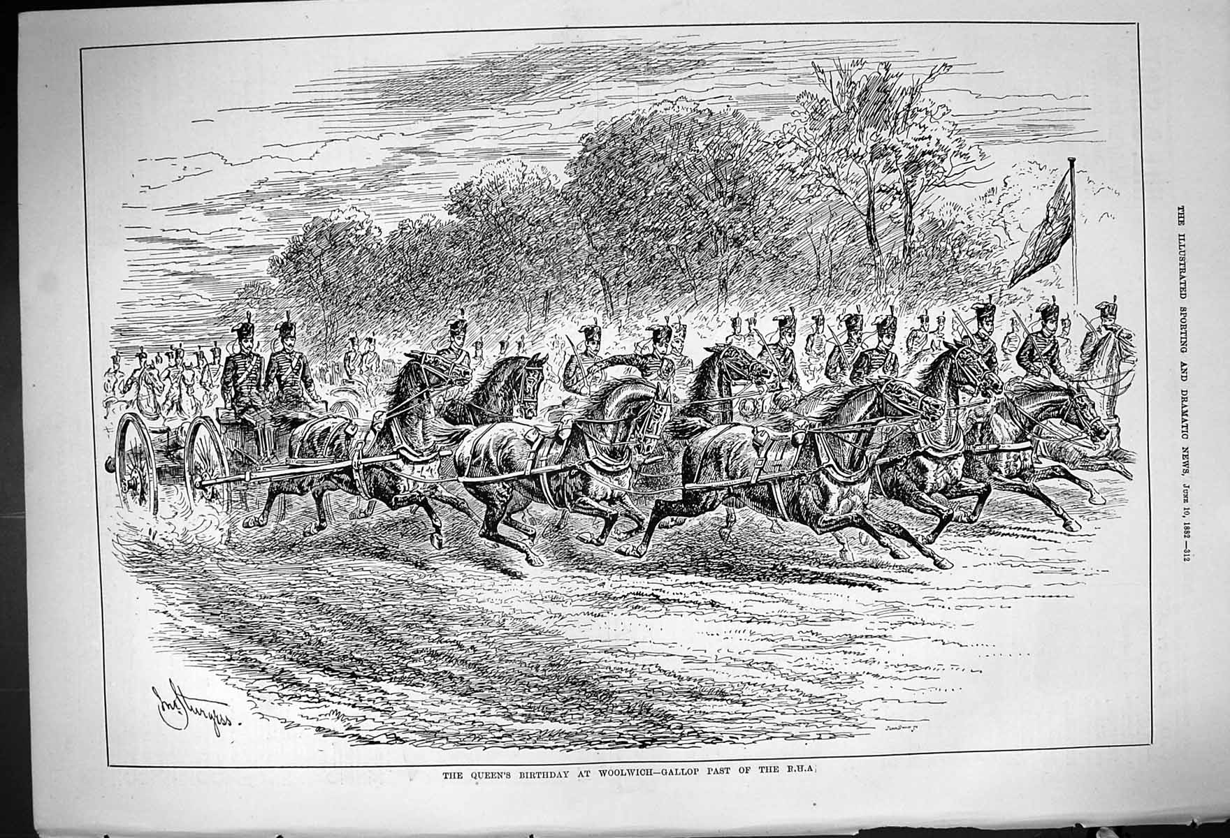 Old Print 1882 Queen England Birthday Woolwich Horses Gallop Past B.H.A. 19th