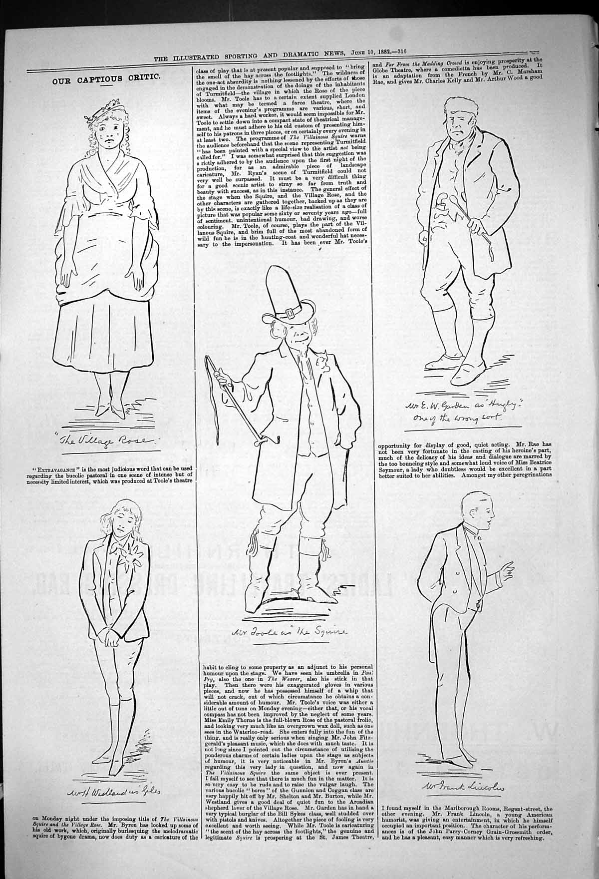 Antique Print Theatre Captious Critic Village Rose Toole Frank Lincoln 1882