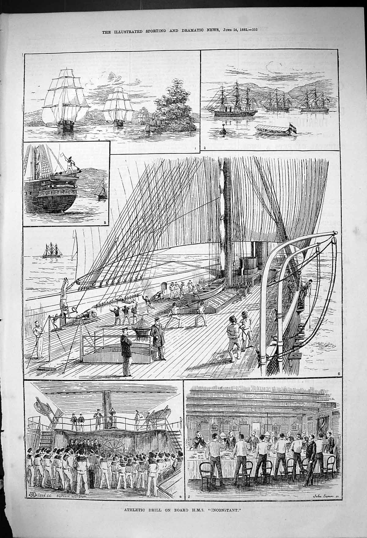 Old 1882 Athletic Drill Board Deck Ship H.M.S. Inconstant Sailors Nav Victorian