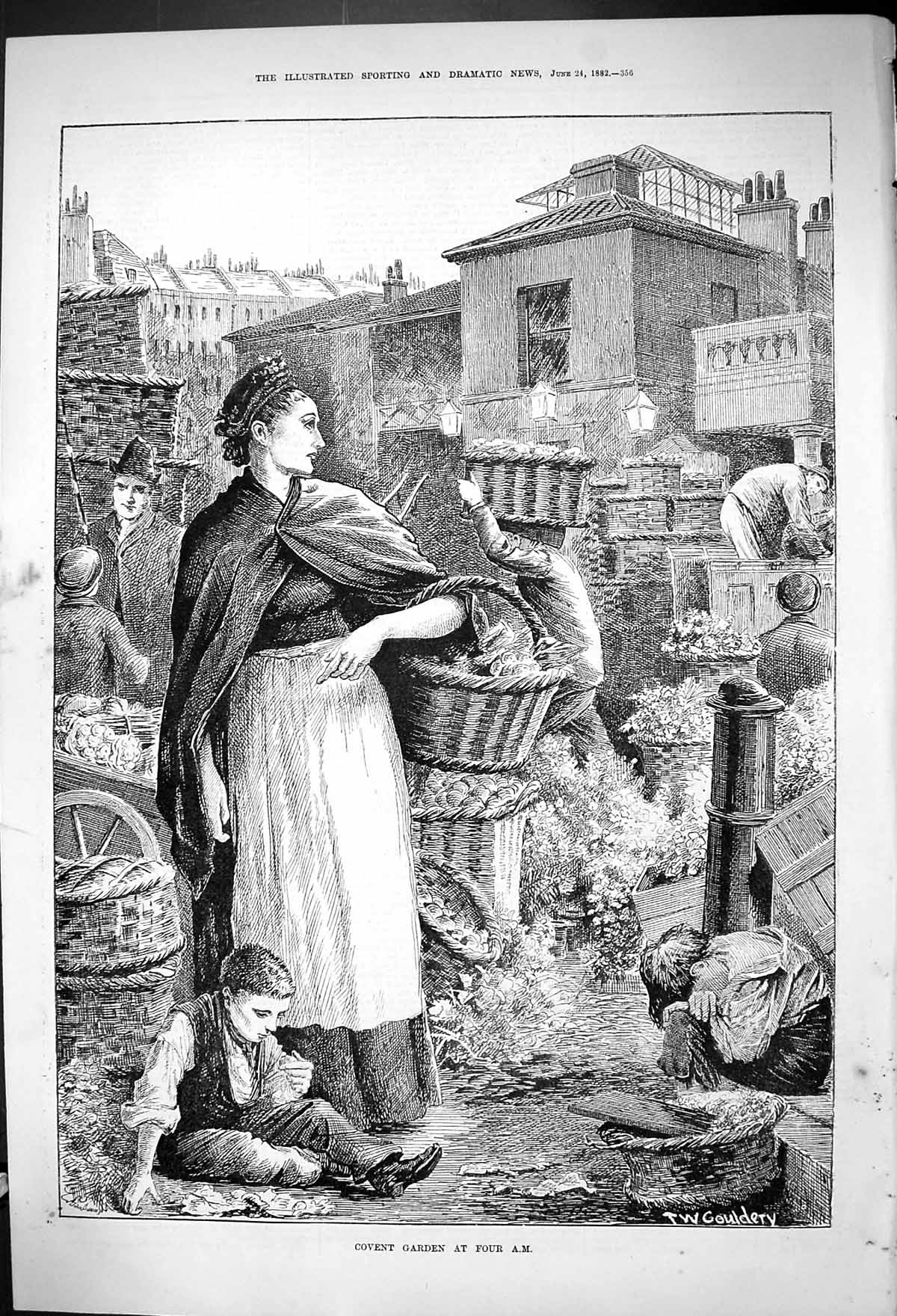 Old Antique Print Covent Garden Flowers Market Woman Children London 1882 19th