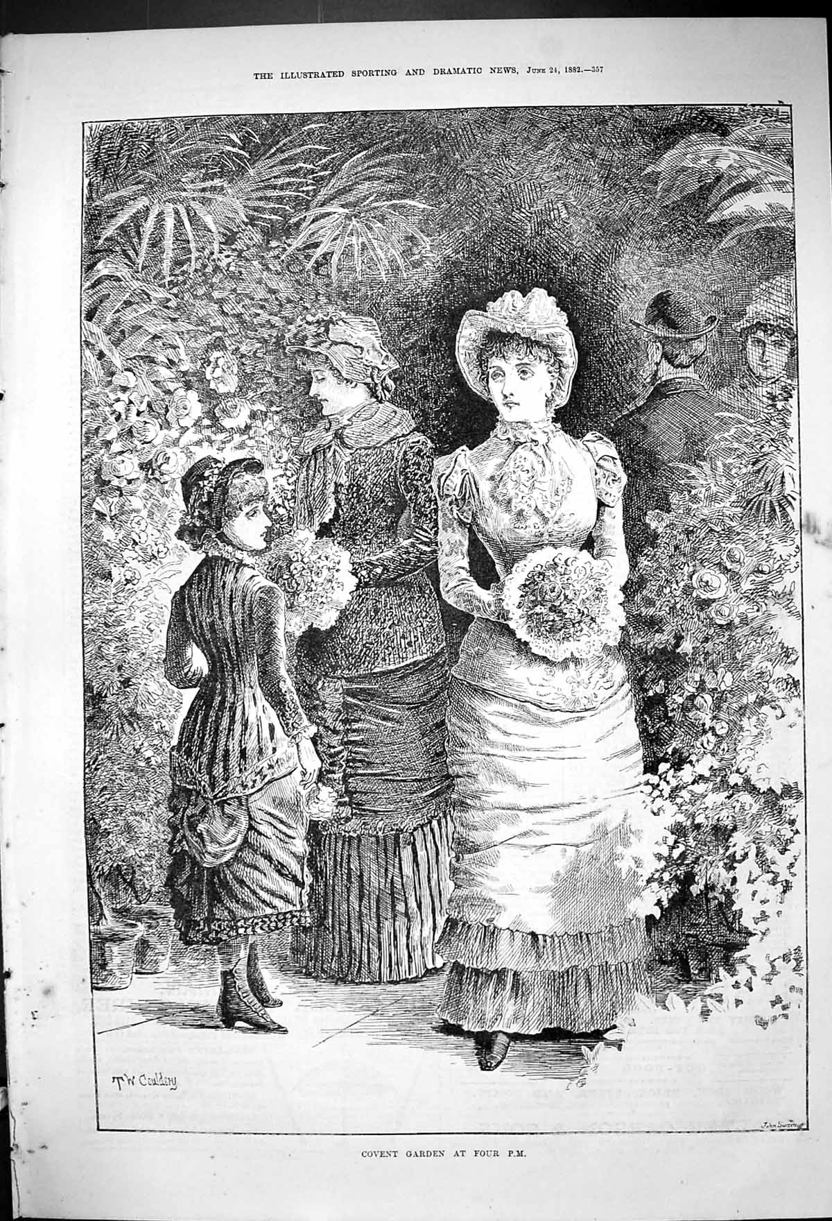 Original Old Antique Print 1882 Covent Garden London Market Ladies Flowers 19th
