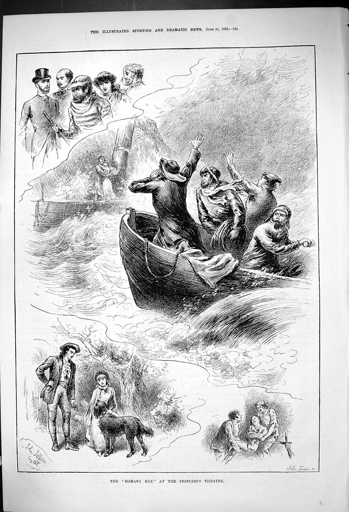 Old Antique Print 1882 Romany Rye Princess'S Theatre Men Boat Stormy Sea 19th