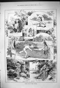 Antique Old Print 1882 Country Pastimes Tennis Romance Fishing Man Sleeping