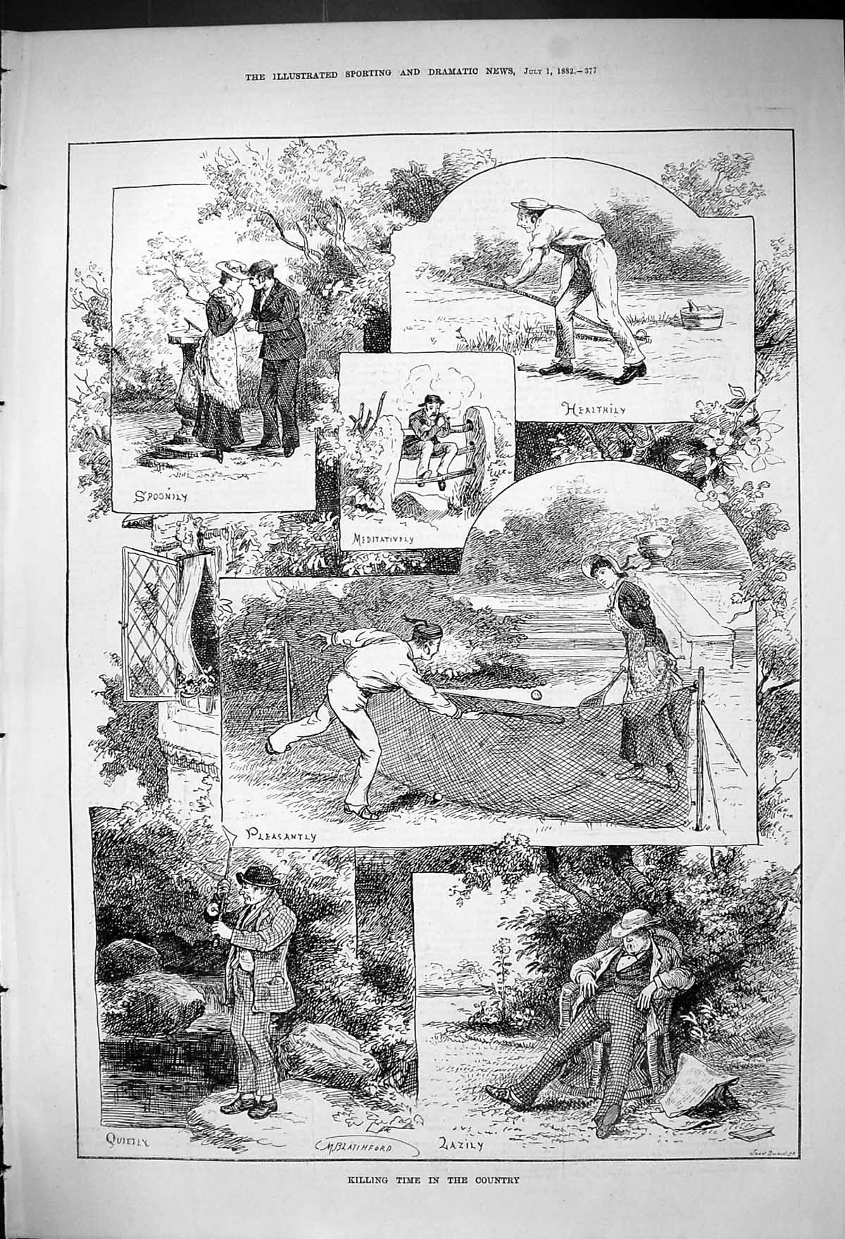 Antique Old Print 1882 Country Pastimes Tennis Romance Fishing Man Sleeping