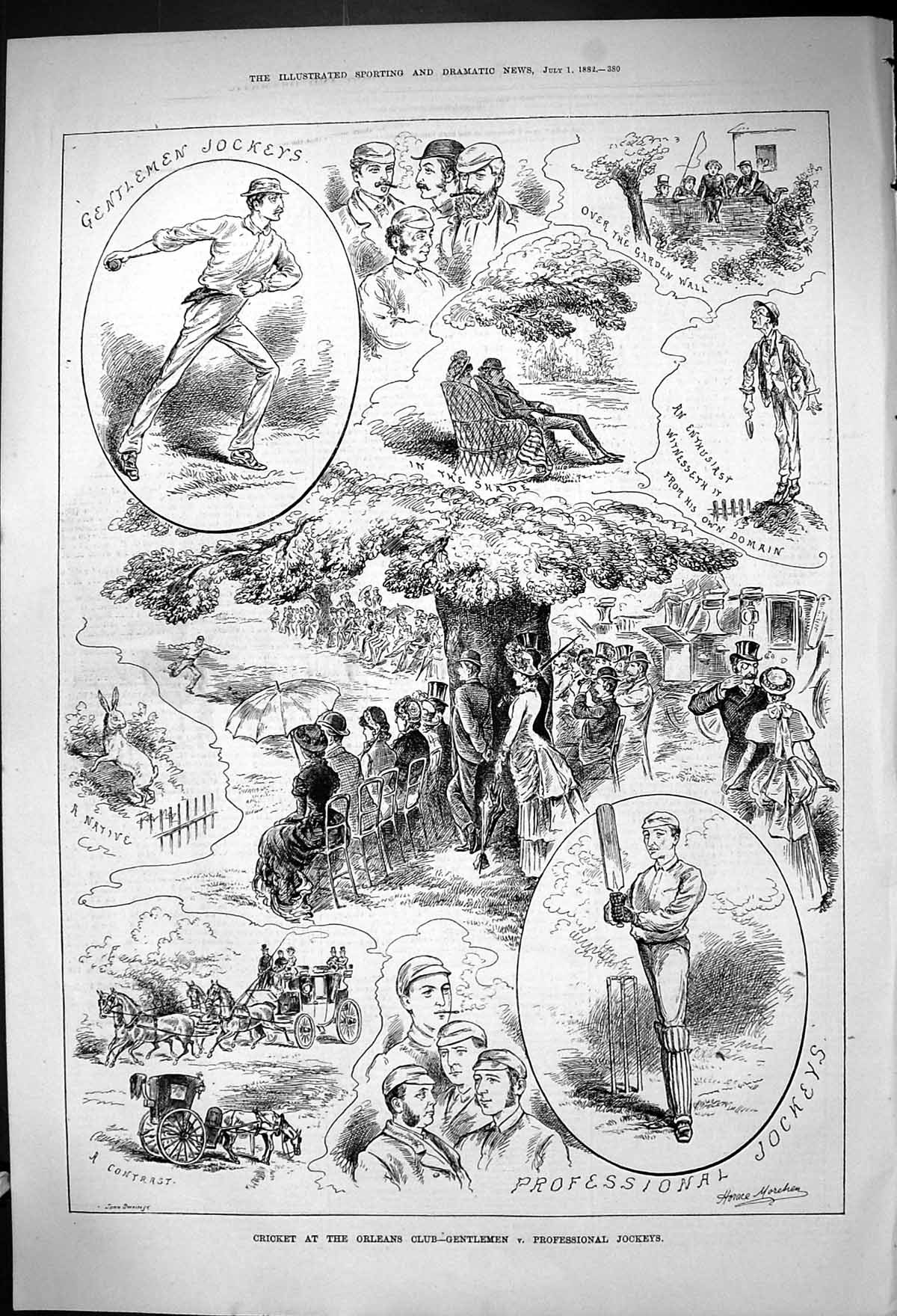 Old Print 1882 Cricket Orelans Club Gentlemen Professional Jockeys Sport 19th