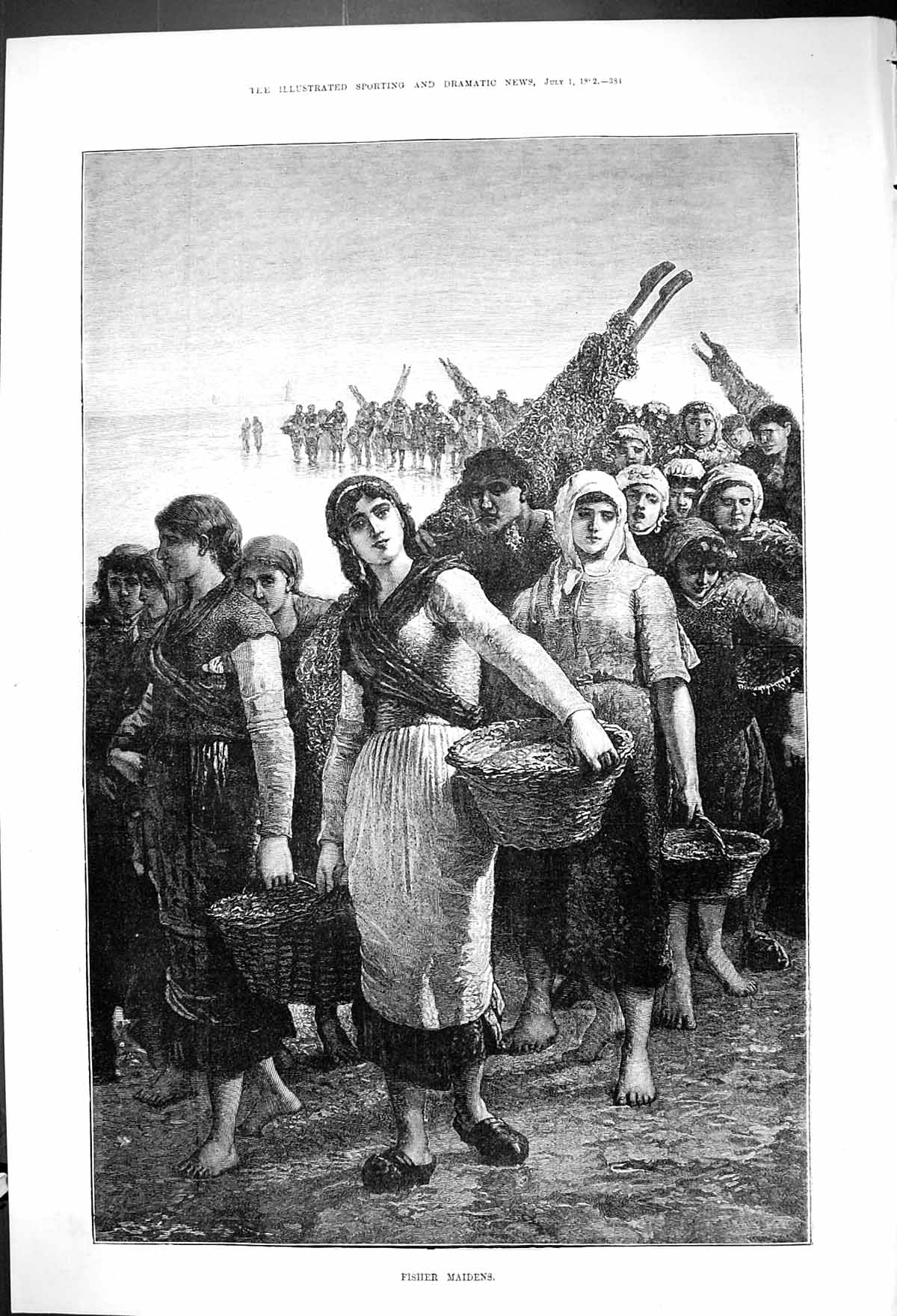 Old Antique Print 1882 Fisher Maidens Women Fisherwomen Beach Sea Scene 19th