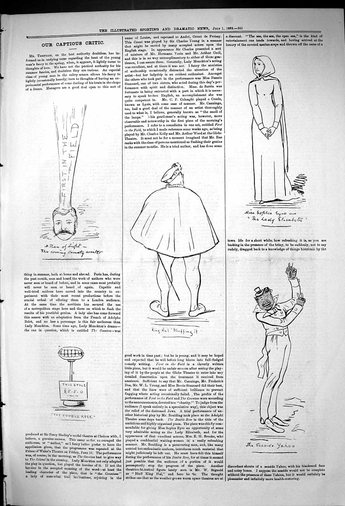 Original Old Antique Print Theatre Captious Critic Sophie Eyre 1882 Victorian