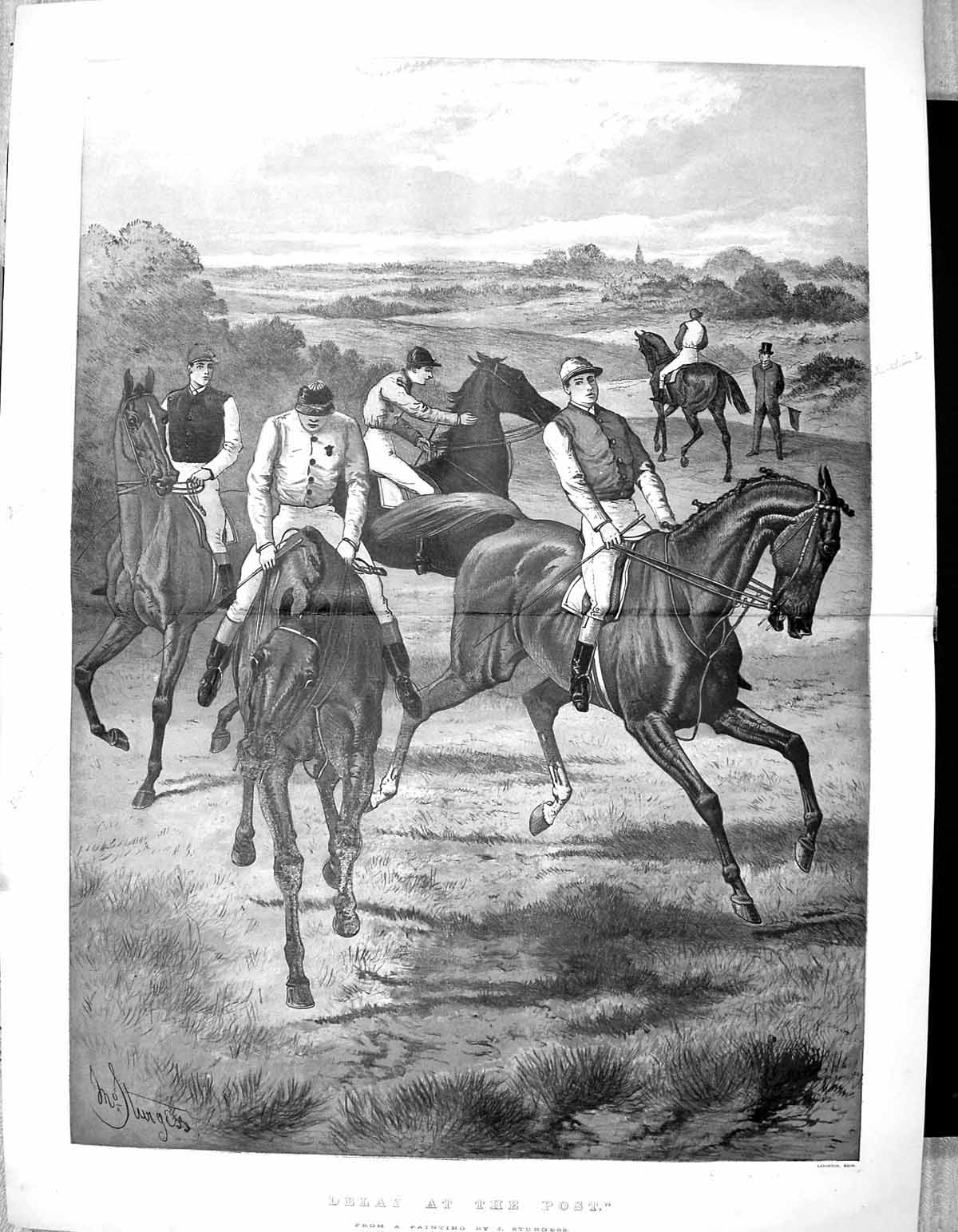 Antique Print Colour 1882 Delay At The Post Horse Racing Jockeys Sturgess 19th