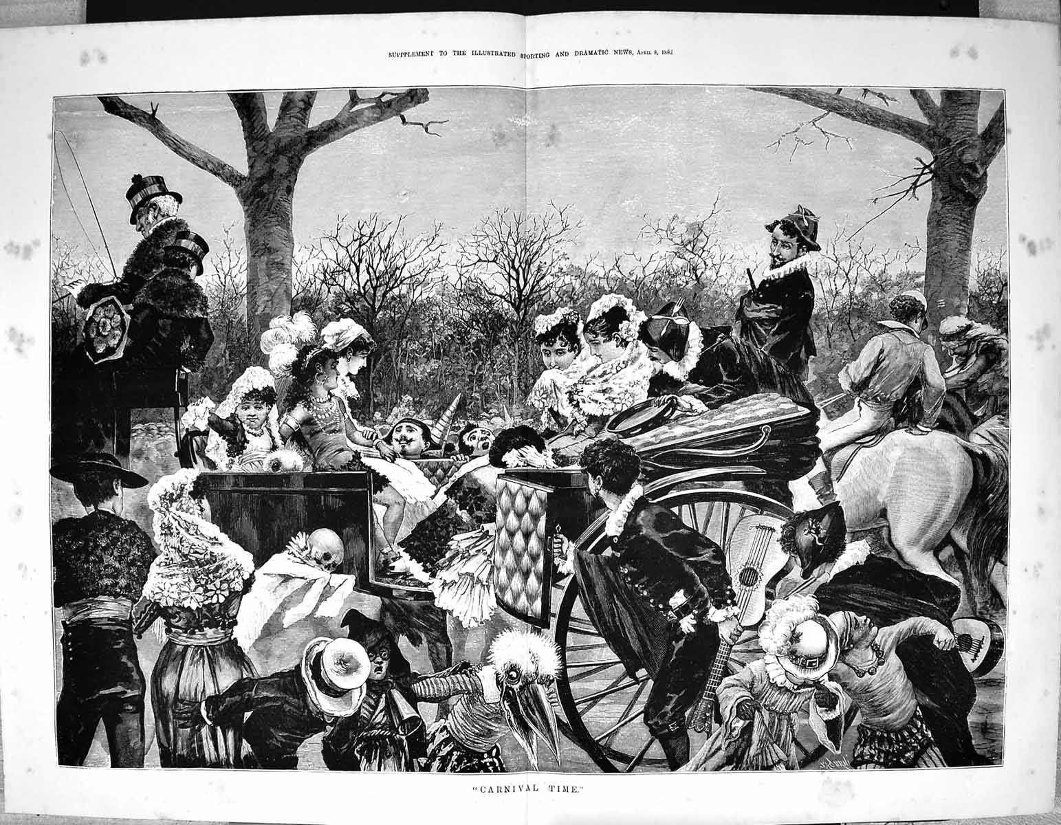 Old Antique Print 1882 Carnival Time Spectators Transport Entertainment 19th