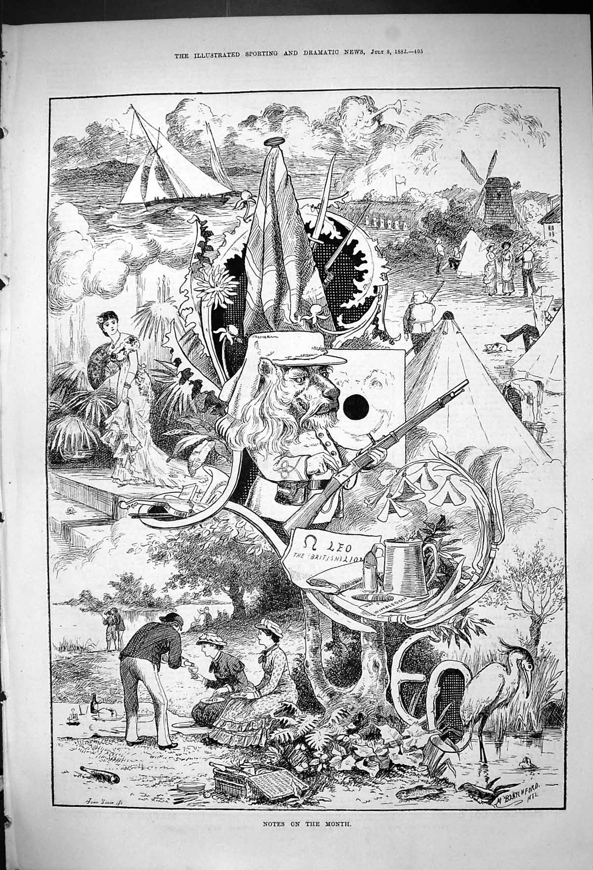 Old 1882 Leo British Lion Month Windmill Sailing Boat Picnic Summer S Victorian