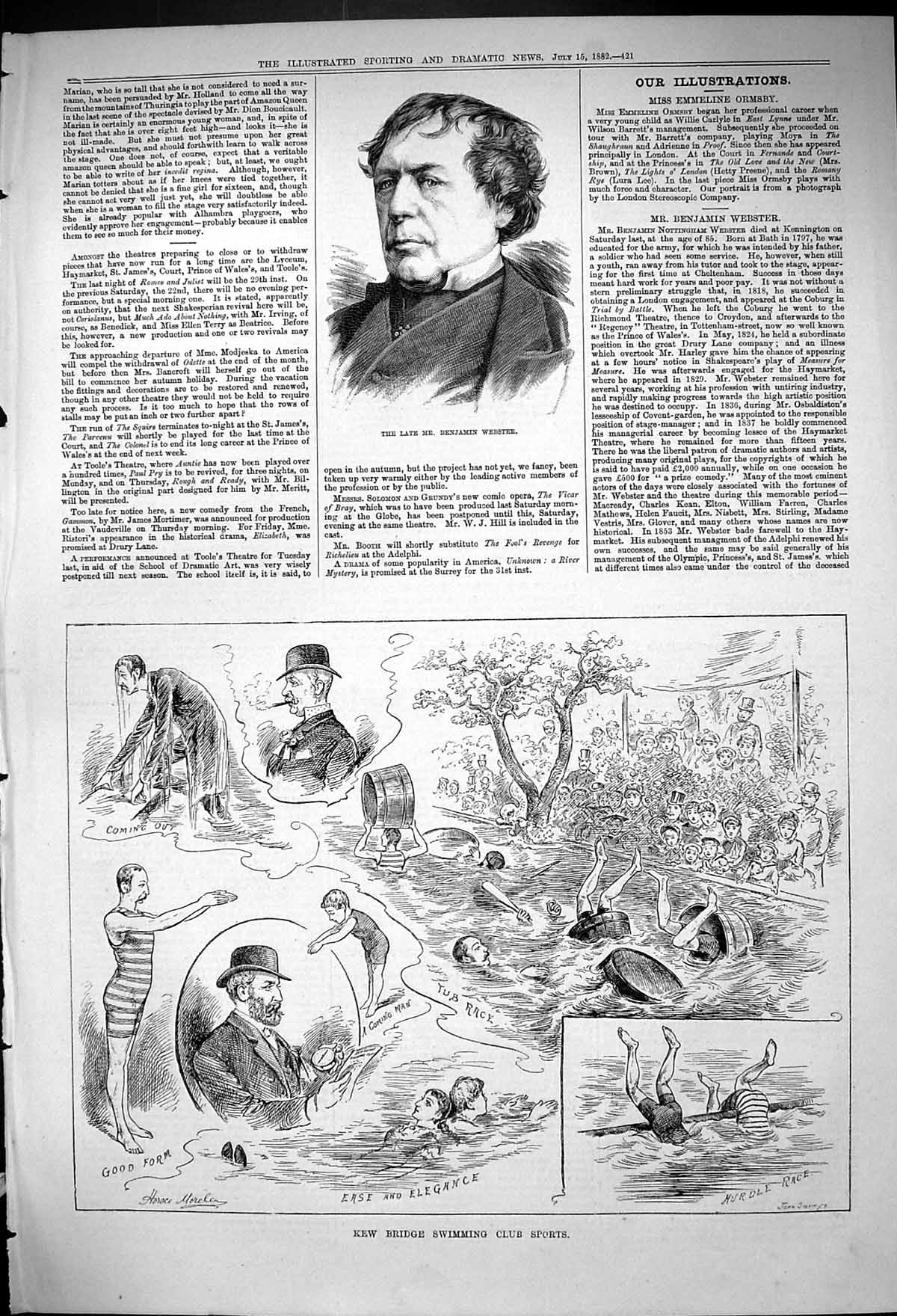 Old Print 1882 Portrait Benjamin Webster Kew Bridge Swimming Club Sports 19th
