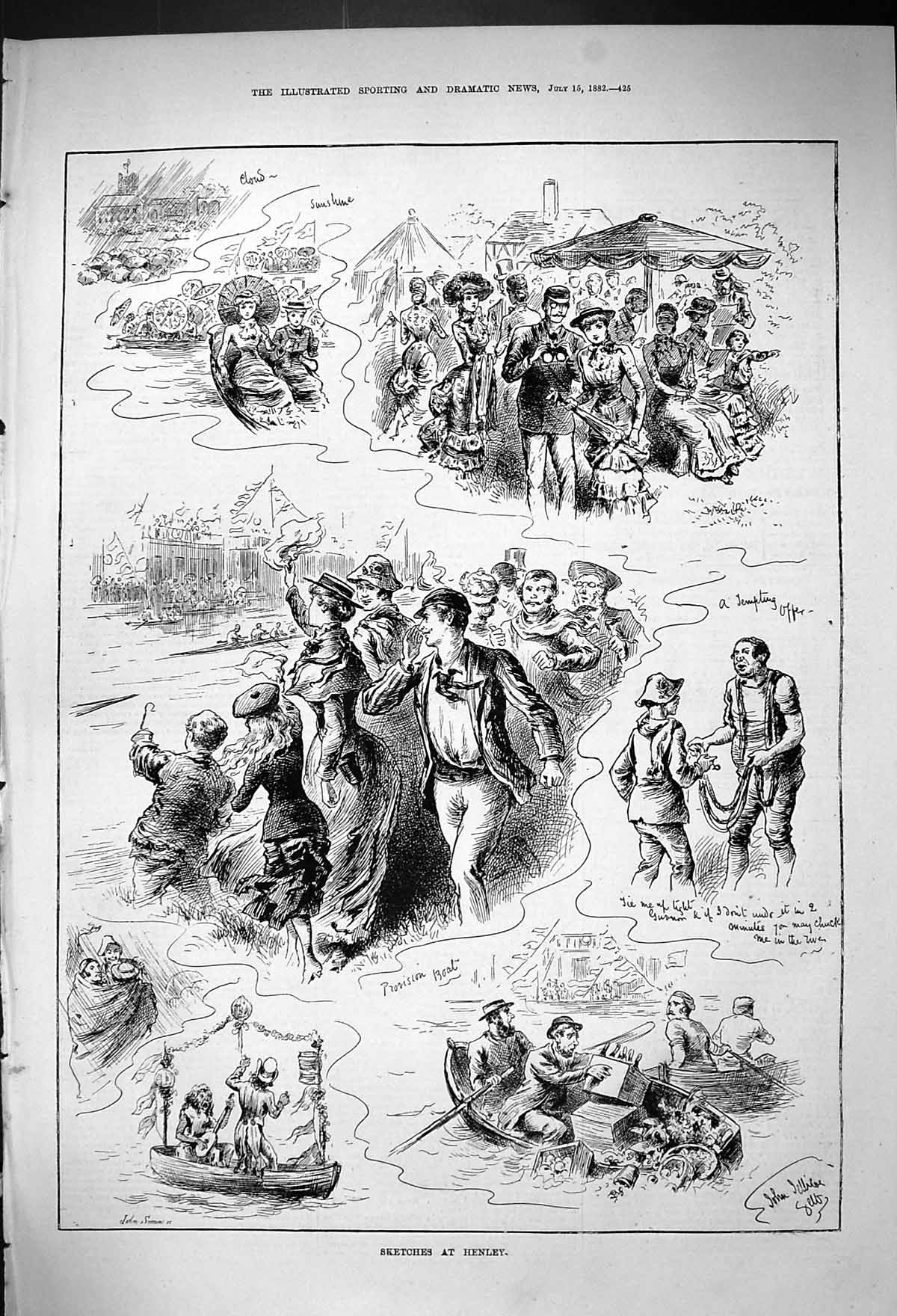 Original Old Antique Print 1882 Henley Regatta Boats River Scene Spectators