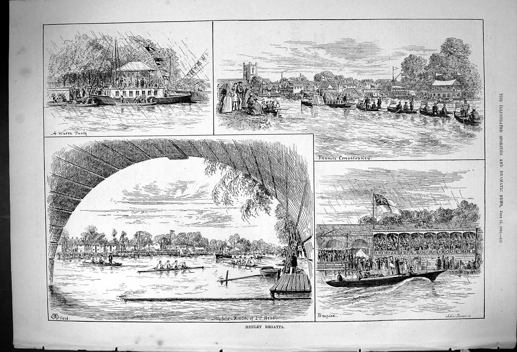 Old Print Henley Regatta River Thames Water Party Wyfeld Sport Boats 1882 19th