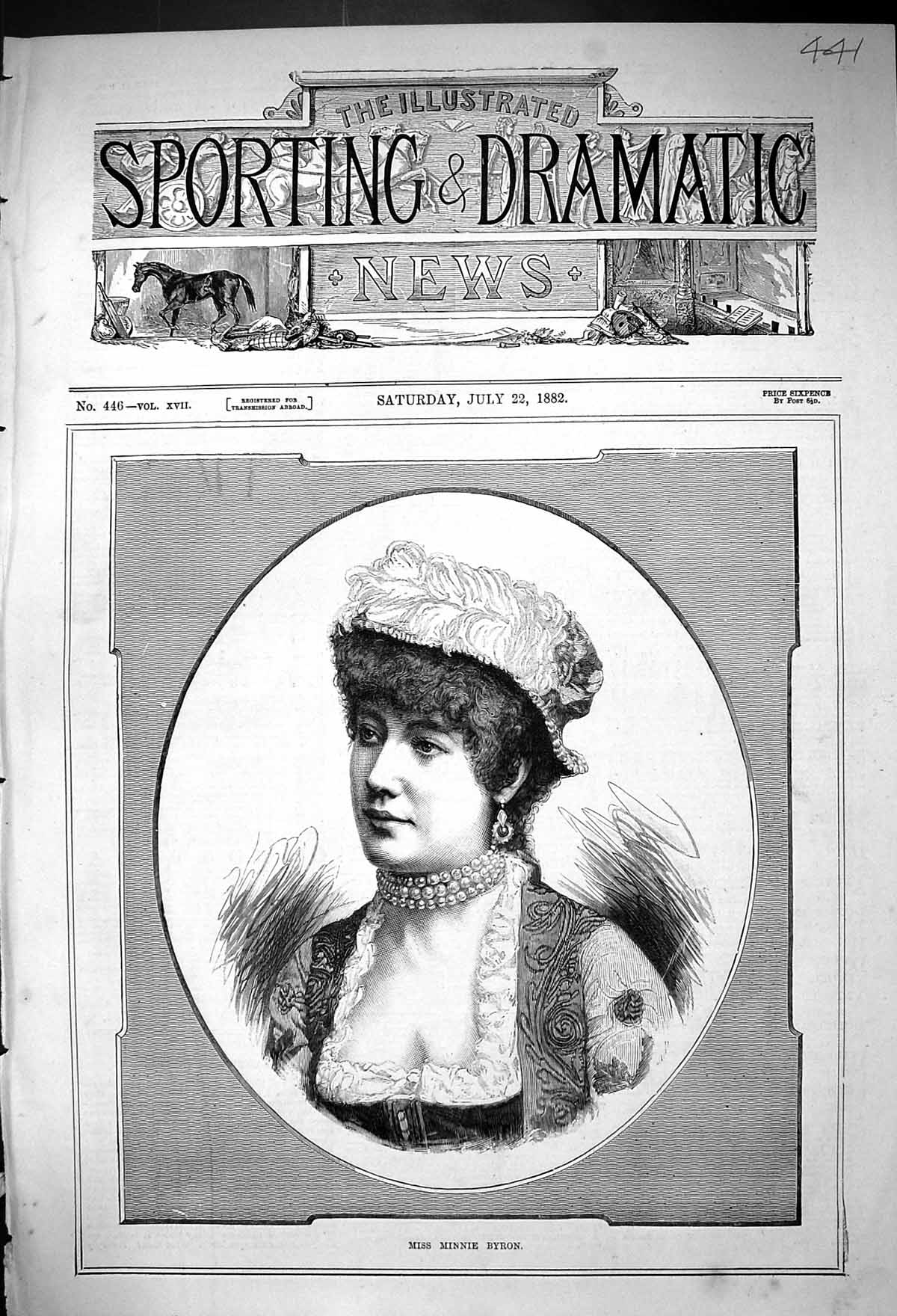 Original Old Antique Print Portrait Beautiful Woman Miss Minnie Byron 1882 19th