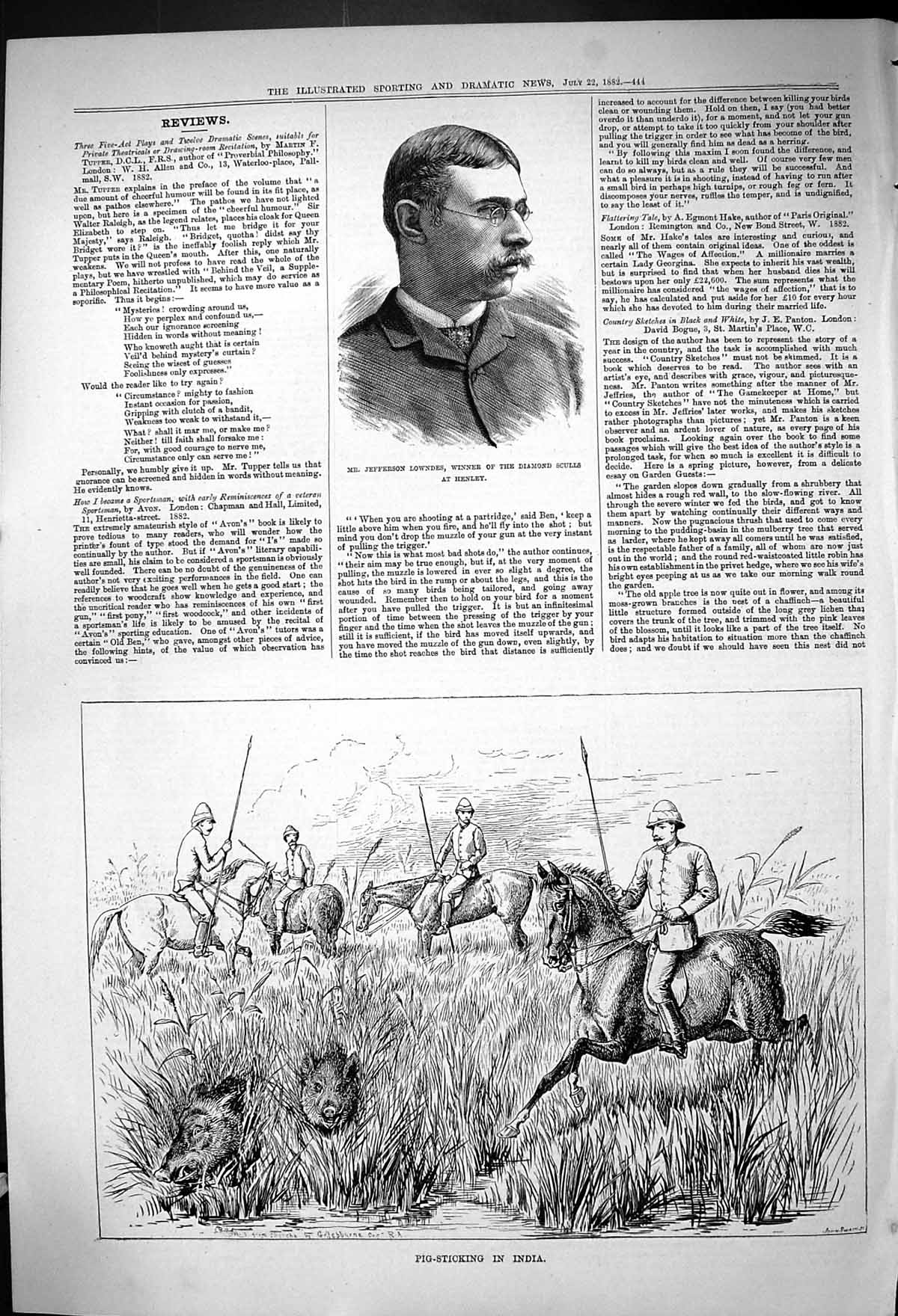 Old 1882 Portrait Jefferson Lowndes Diamond Sculls Pig Sticking India Victorian