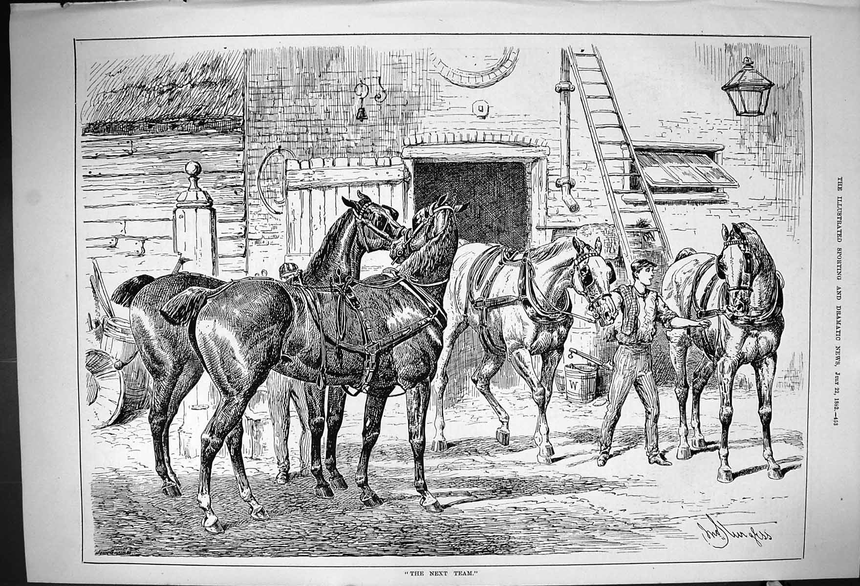 Original Old Antique Print 1882 Next Team Transport Horses Stable Boy Victorian