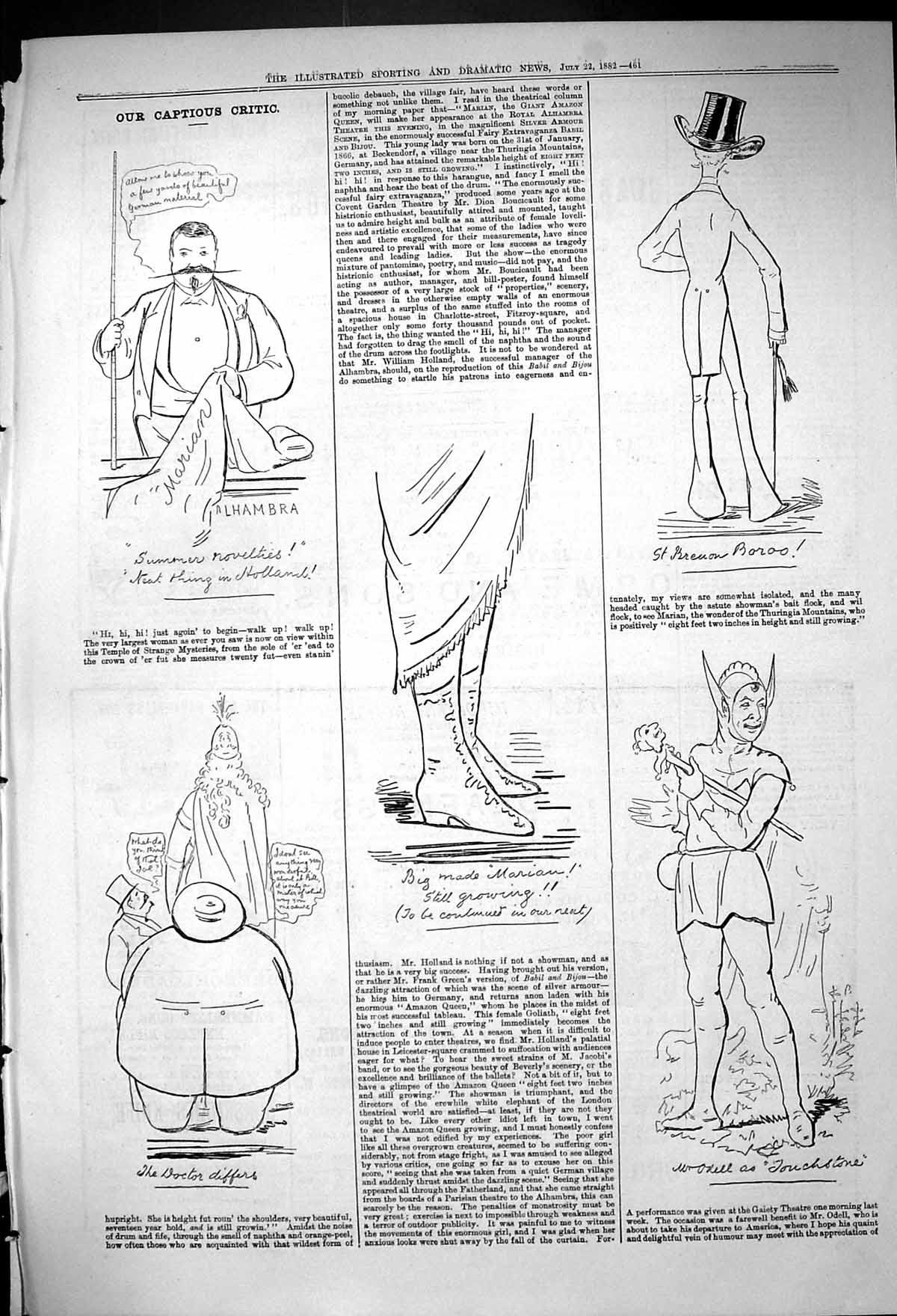 Old Antique Print 1882 Theatre Captious Critic Alhambra O'Neil Touchstone 19th