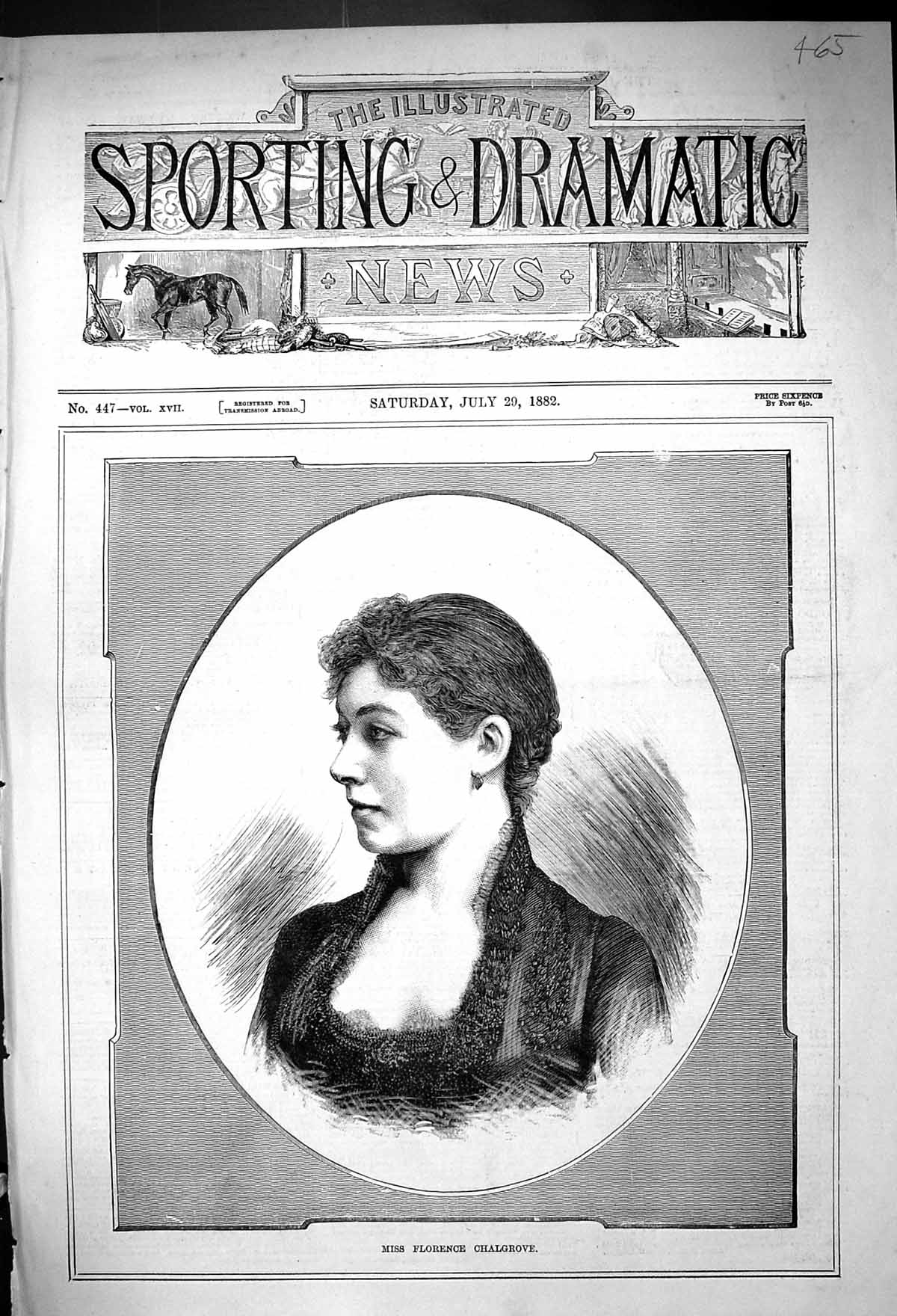 Old Antique Print 1882 Portrait Beautiful Woman Miss Florence Chalgrove 19th
