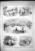 Antique Print 1882 Fishing Killarney River Boats Muckross Horses Cart Sport