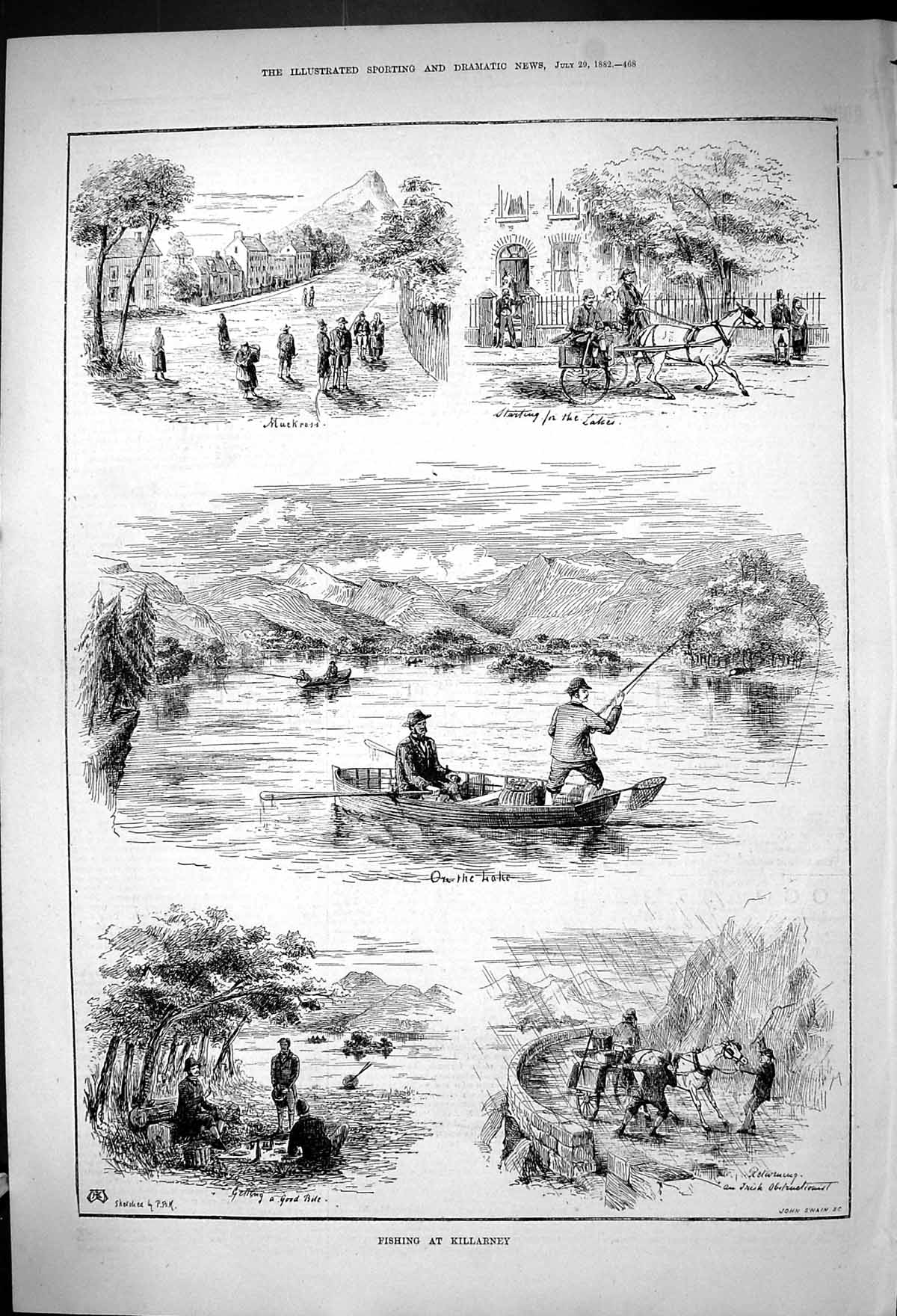 Antique Print 1882 Fishing Killarney River Boats Muckross Horses Cart Sport