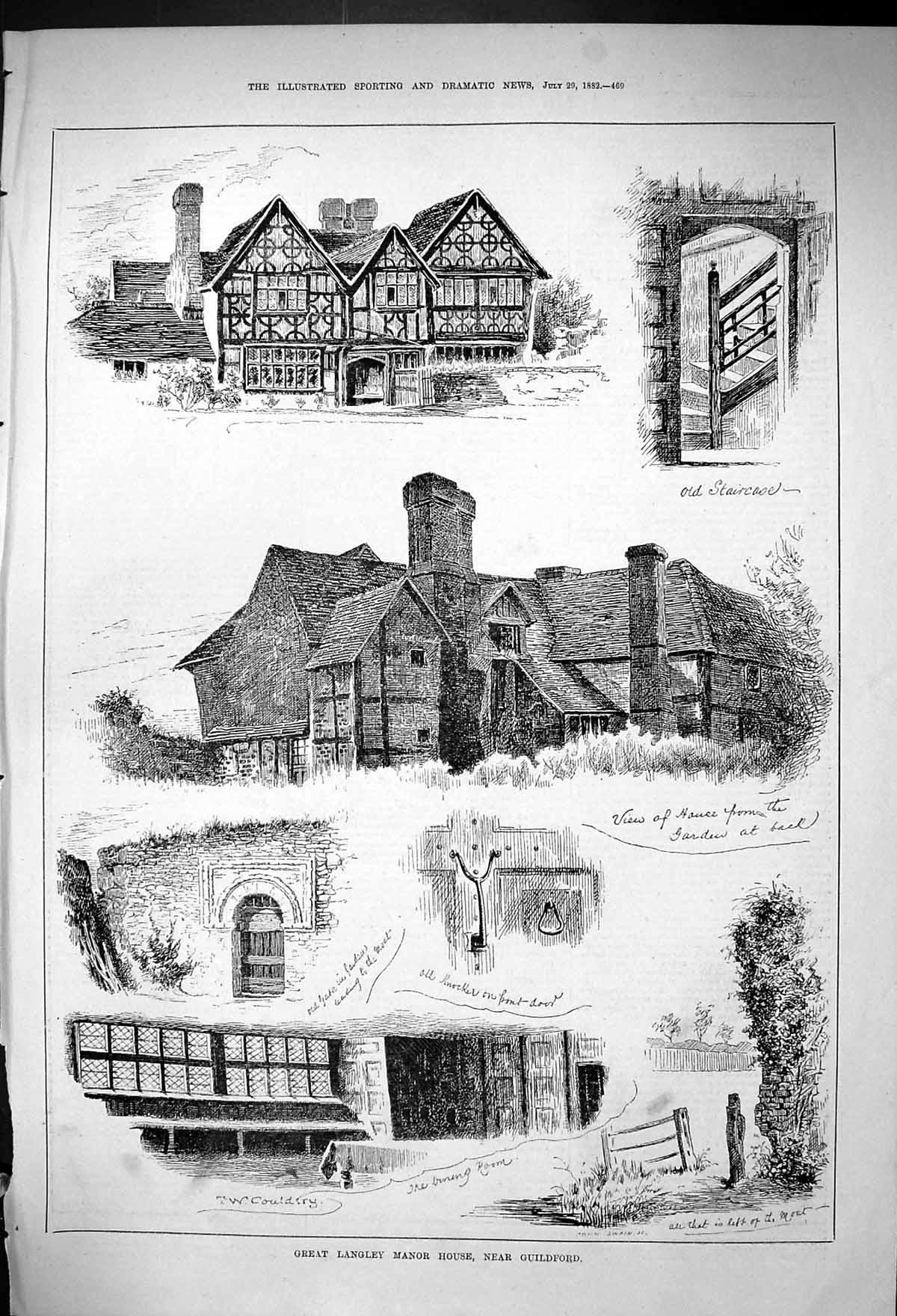 Antique Old Print 1882 Great Langley Manor House Guildford Staircase Mansion
