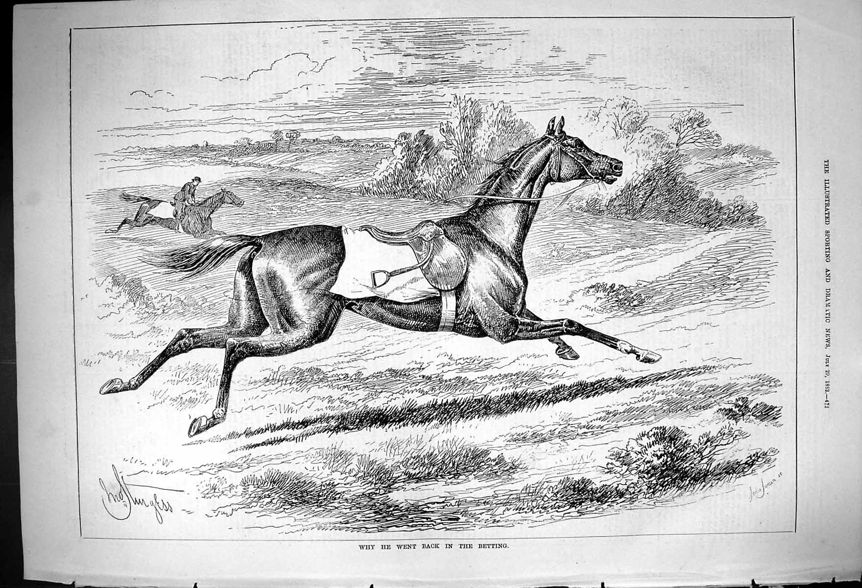 Original Old Antique Print 1882 Riderless Runnaway Race Horse Trainer Sport
