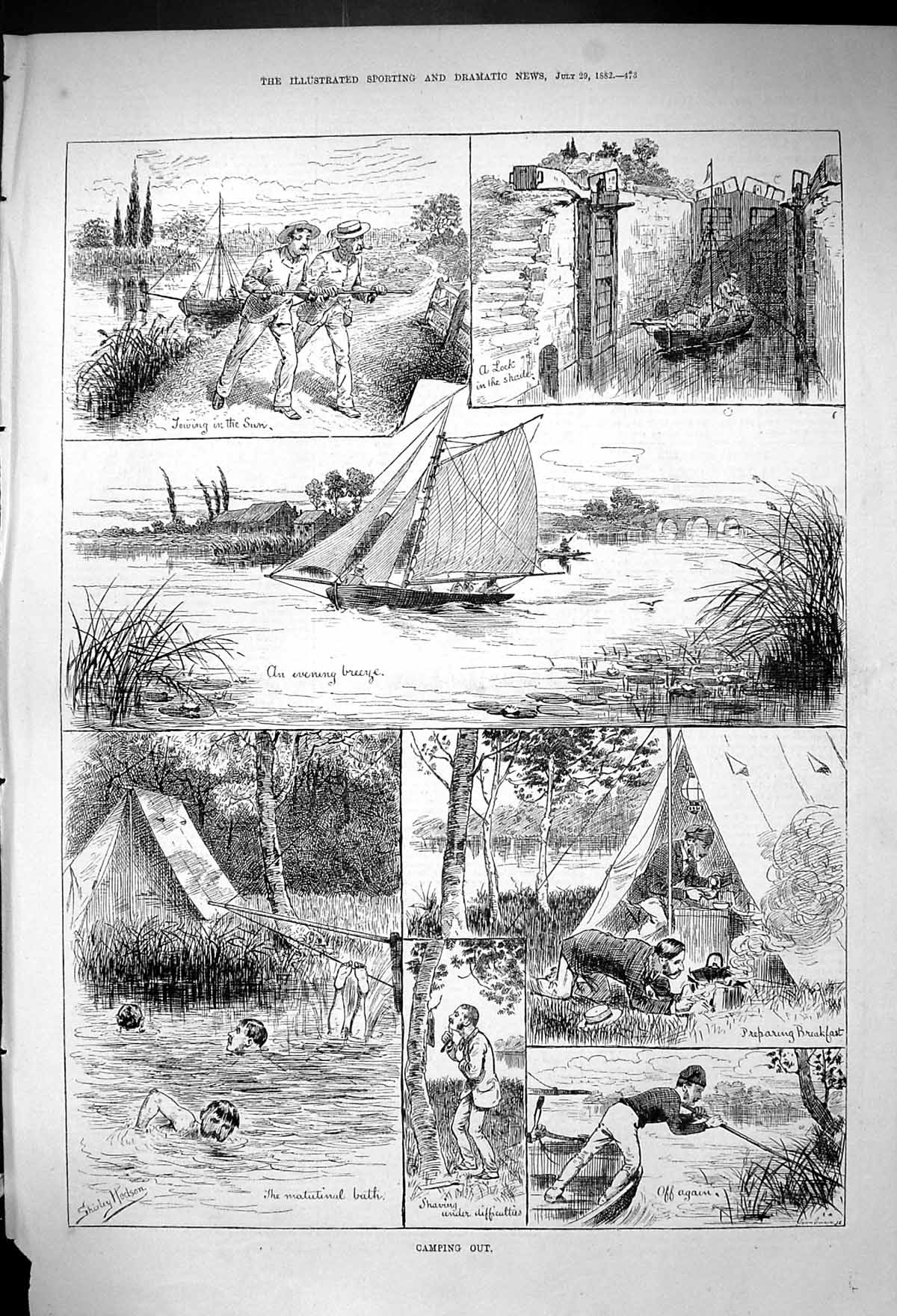 Old 1882 Camping Out River Boat Tent Camp Swimming River Cooking Brea Victorian