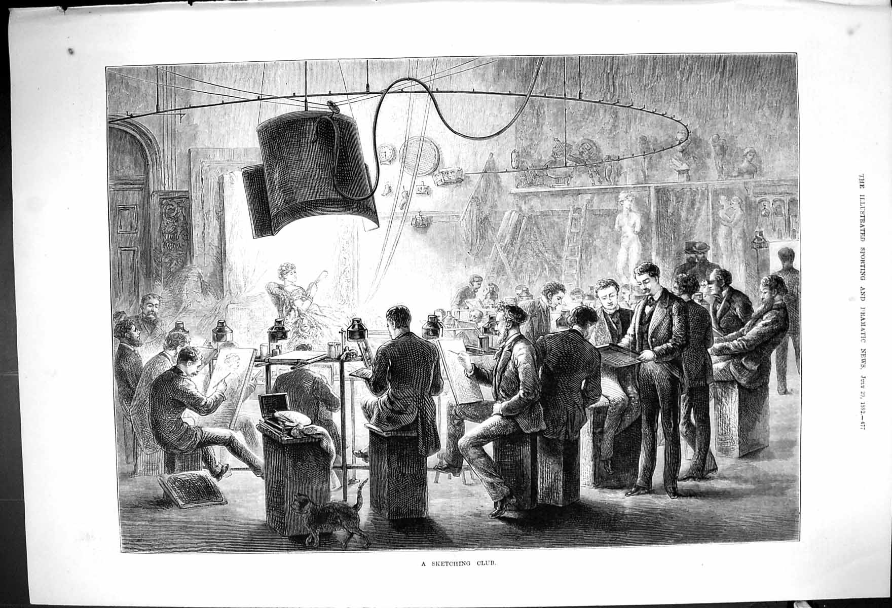 Original Old Antique Print 1882 Sketching Club Artists Painting Men Woman Model