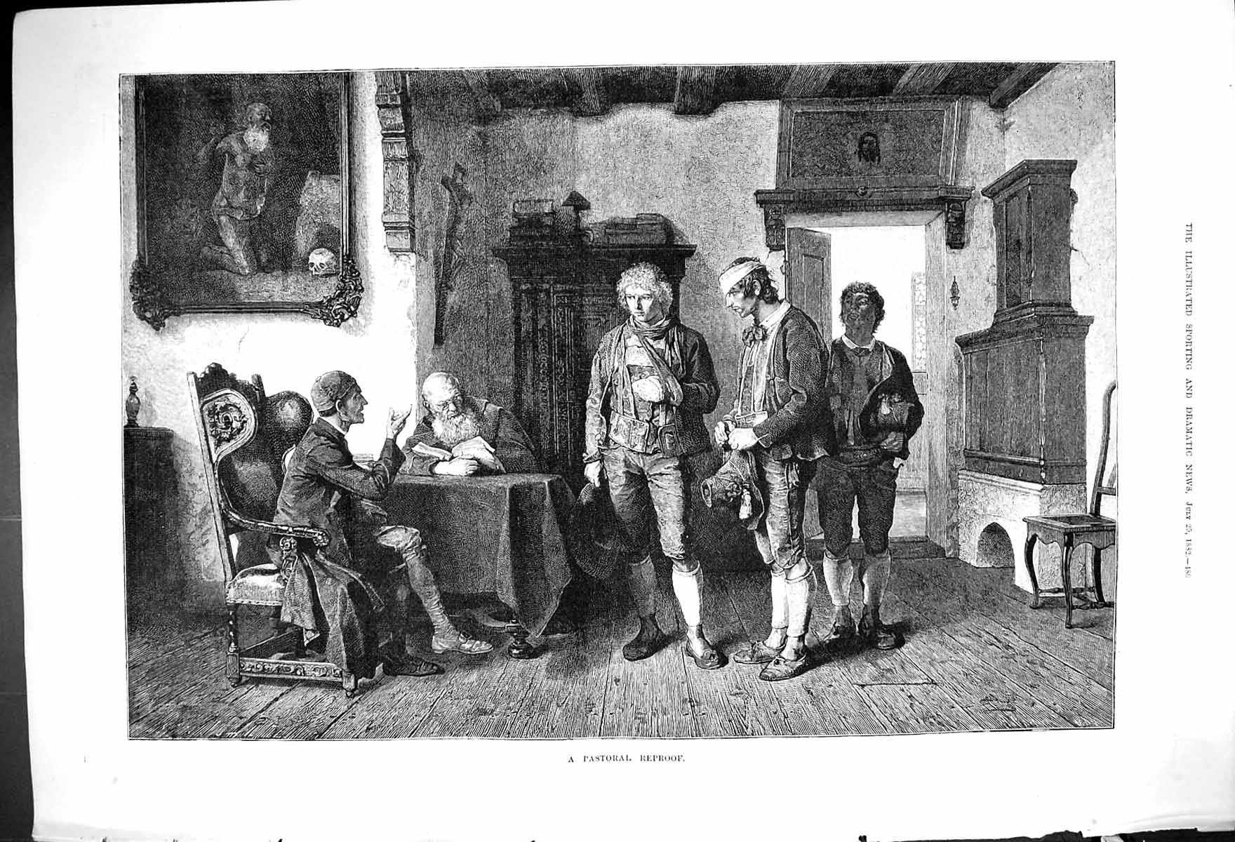 Original Old Antique Print 1882 Pastoral ReproMen Meeting Prisoners Victorian