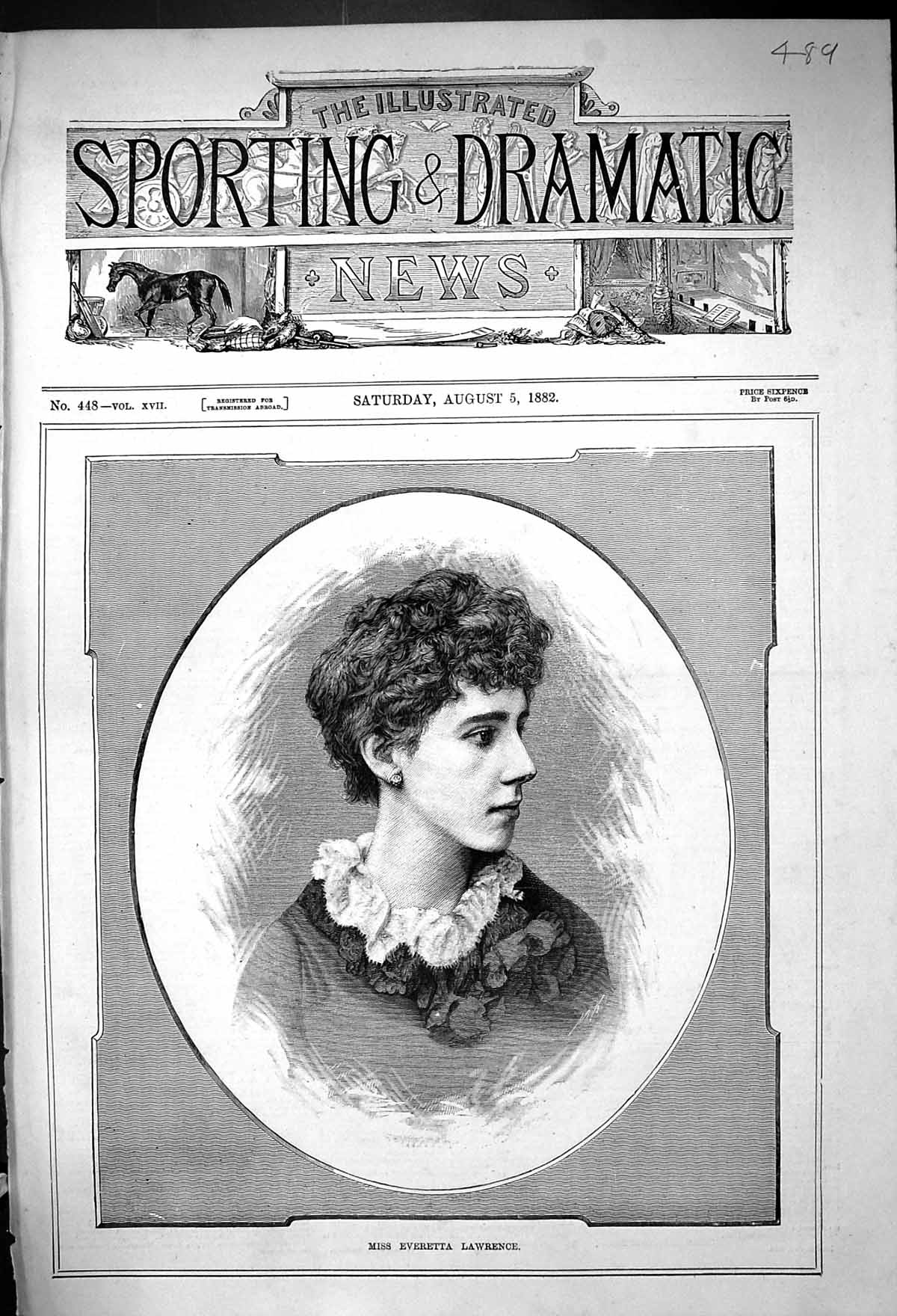 Original Old Antique Print Portrait Beautiful Woman Miss Everetta Lawrence 1882