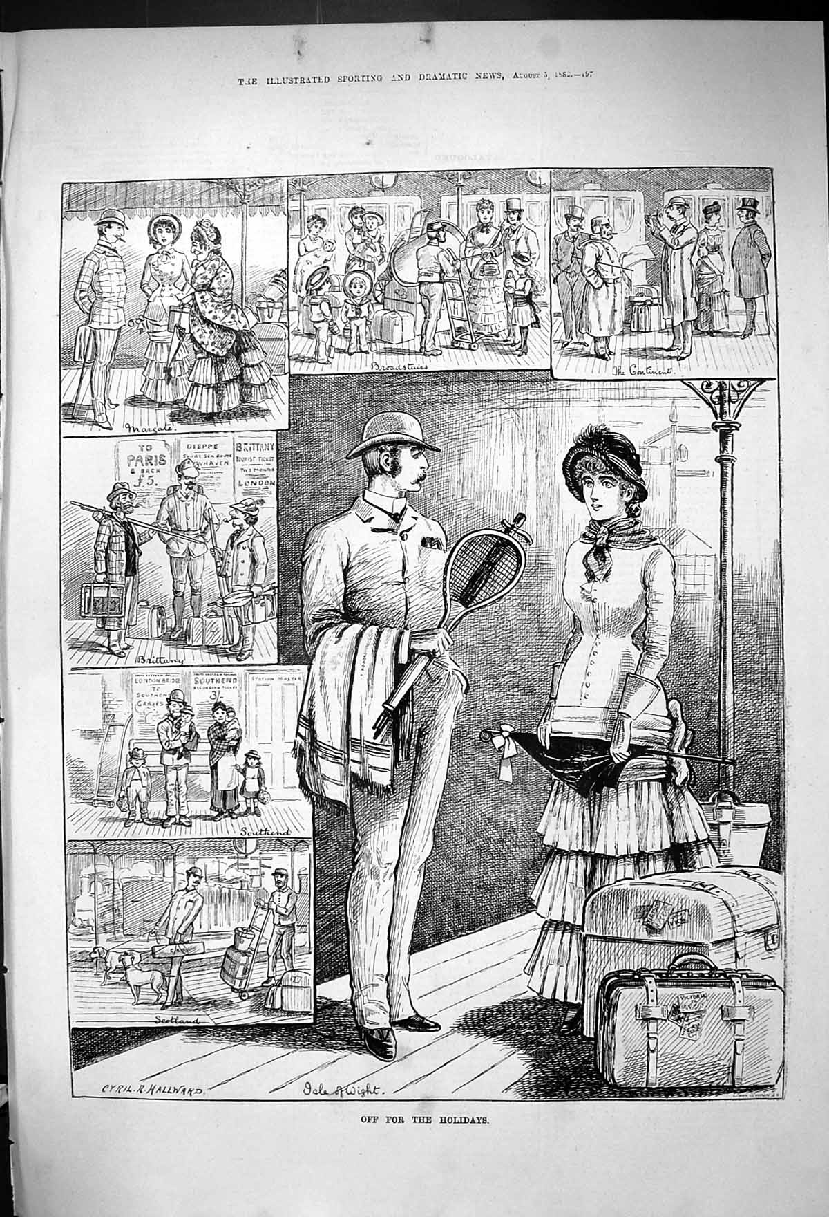 Old Antique Print 1882 Holiday Tourists Railway Train Station Passengers 19th