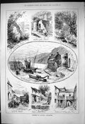 Antique Old Print 1882 Clovelly Devonshire Fishermans Cottage Harbour Ships