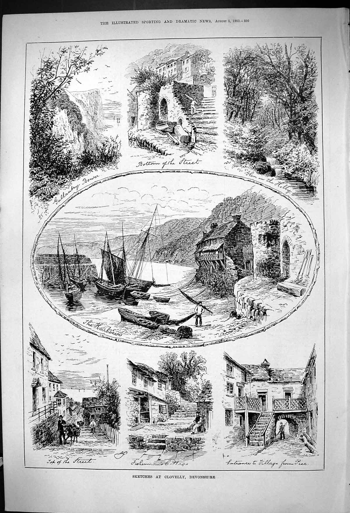 Antique Old Print 1882 Clovelly Devonshire Fishermans Cottage Harbour Ships