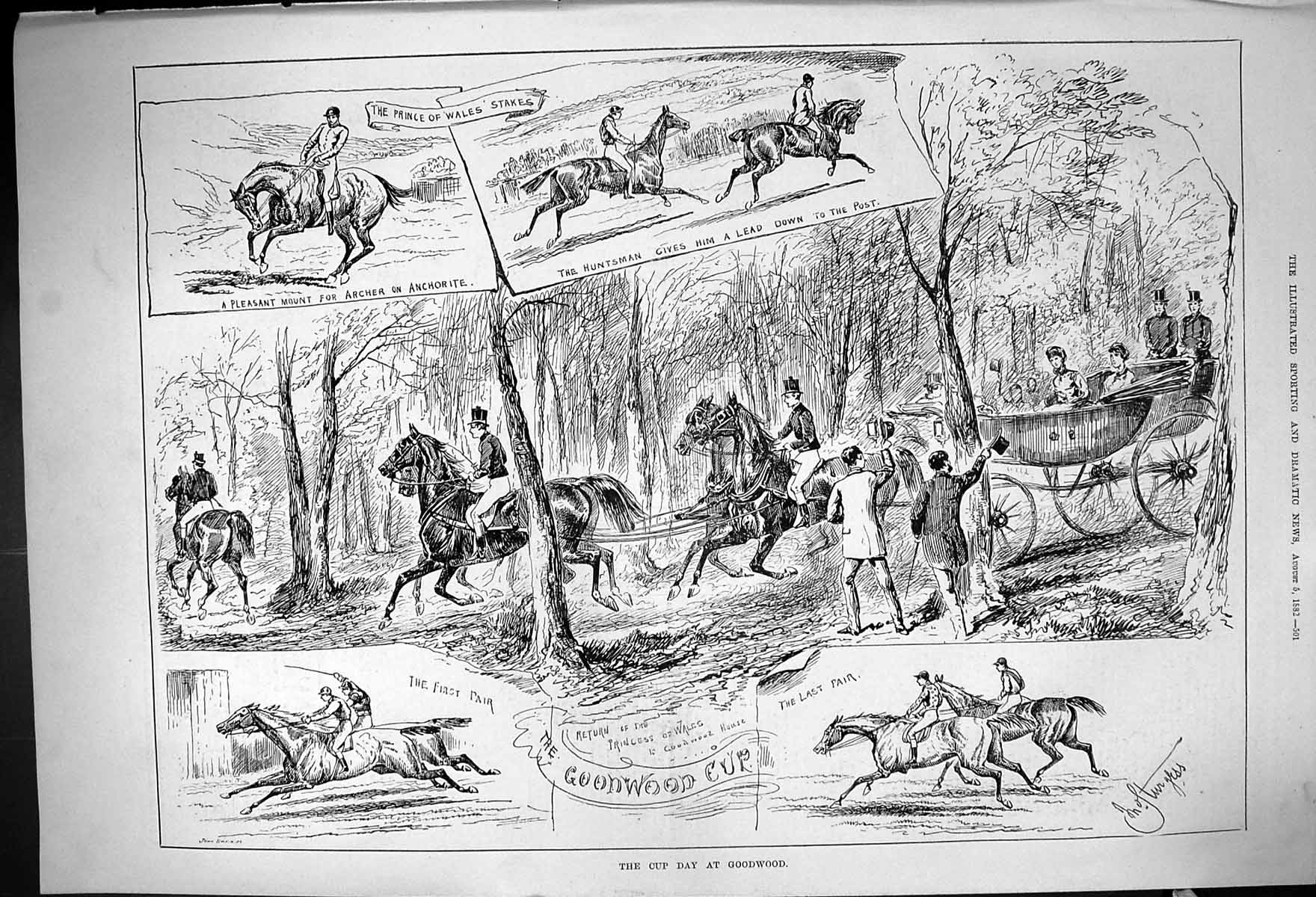 Old Print Cup Day Goodwood Horse Racing Prince Wales Stakes Huntsman 1882 19th