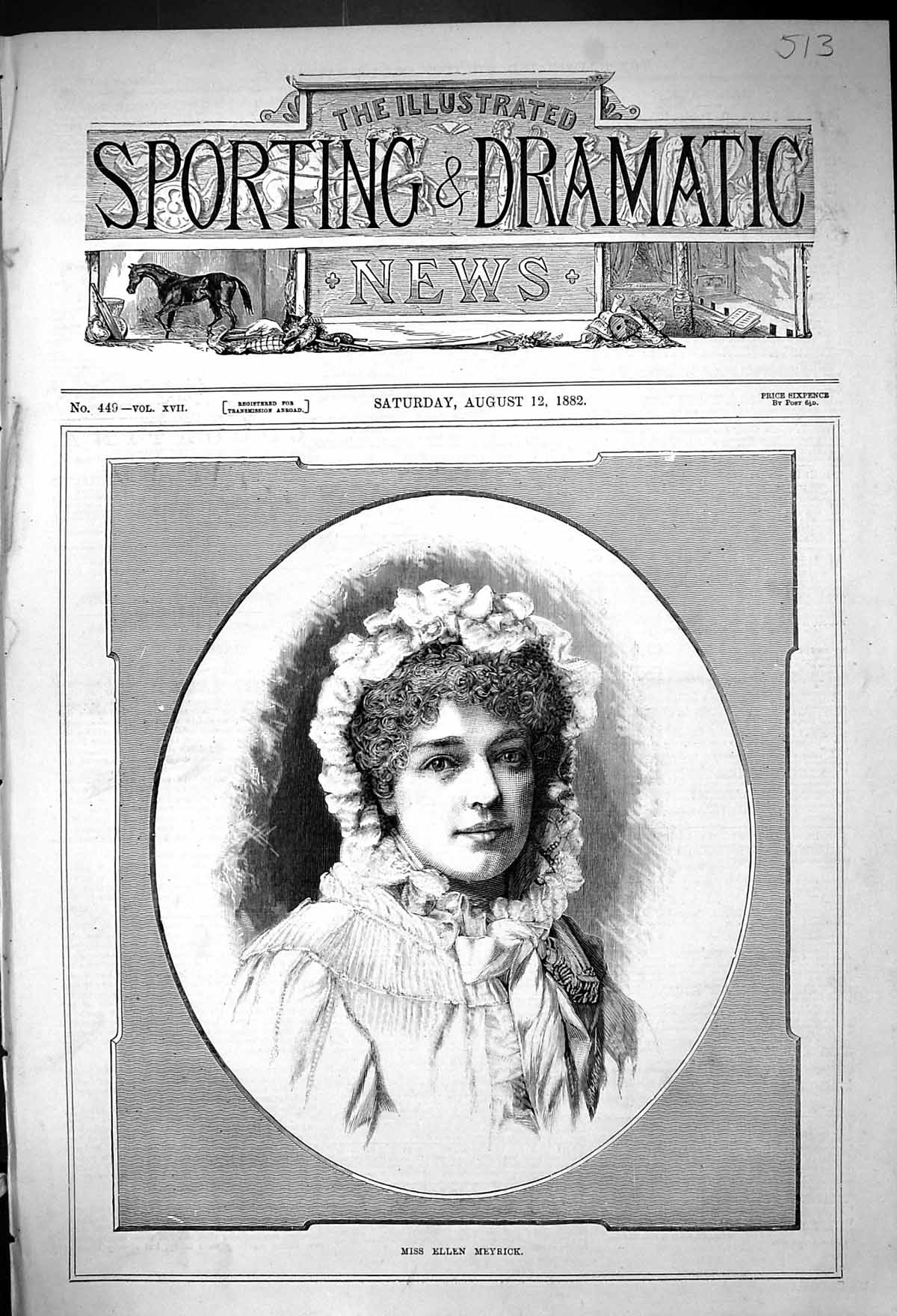 Original Old Antique Print Portrait Beautiful Woman Miss Ellen Meyrick 1882