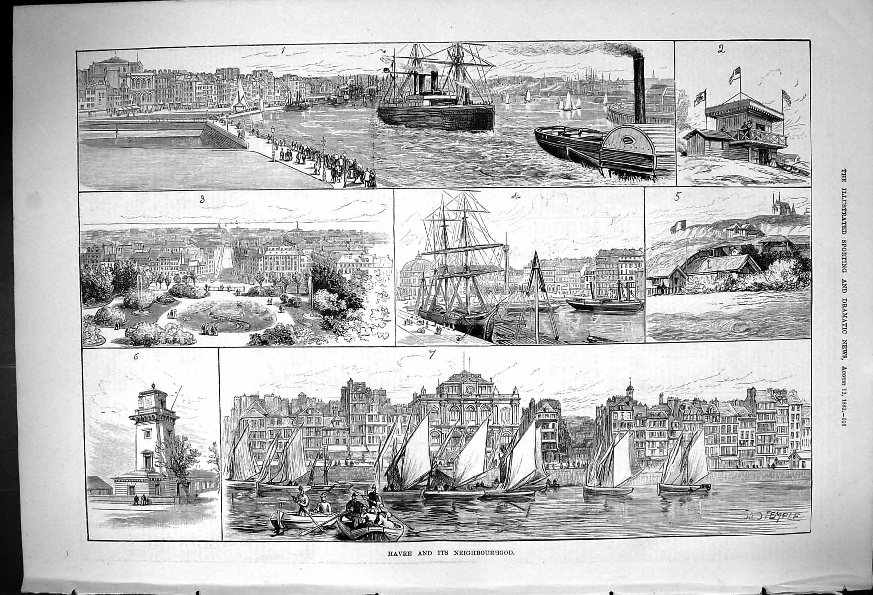 Original Old Antique Print 1882 Havre Neighbourhood Ships Steamer Boat Garden