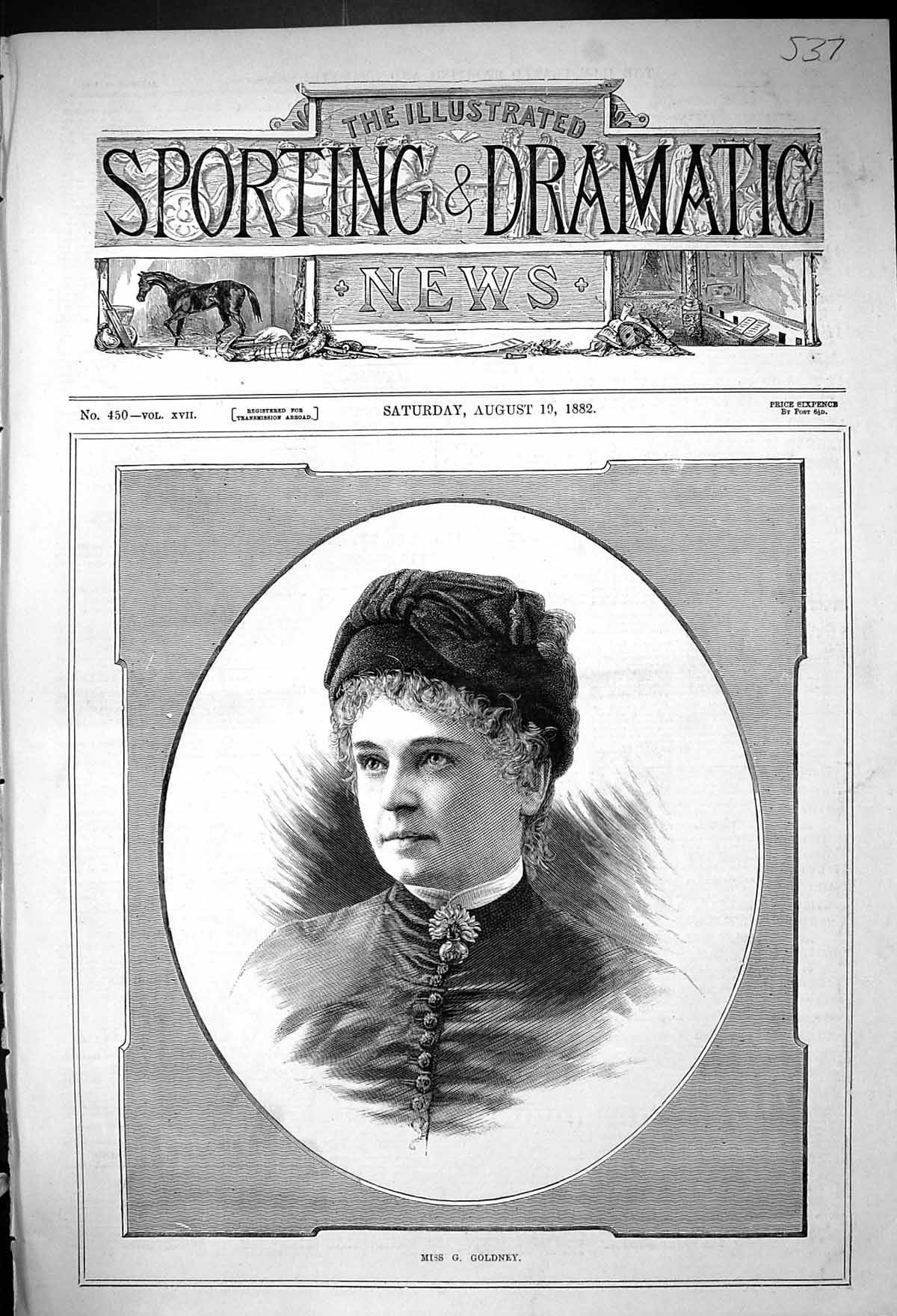 Original Old Antique Print 1882 Portrait Miss Gney Beautiful Woman Victorian