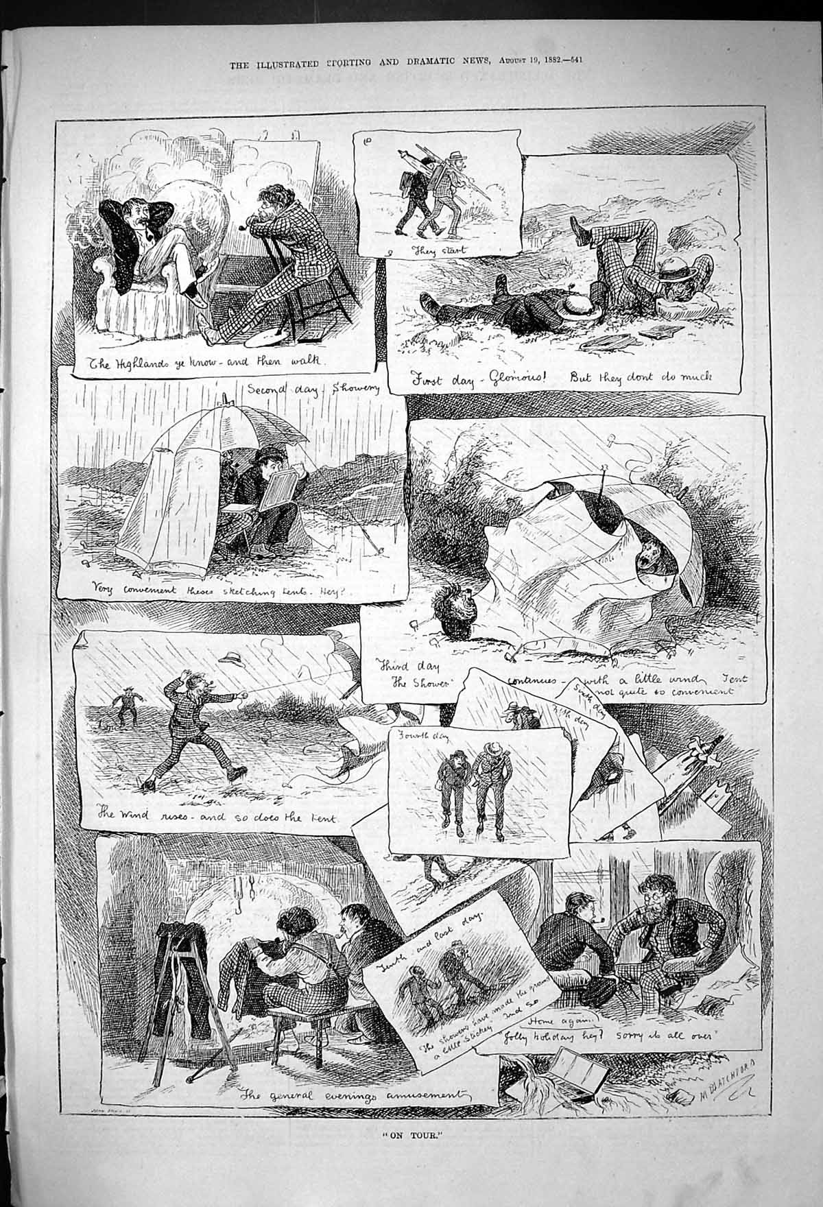 Old Antique Print 1882 On Tour Artists Highlands Stormy Weather Umbrella 19th