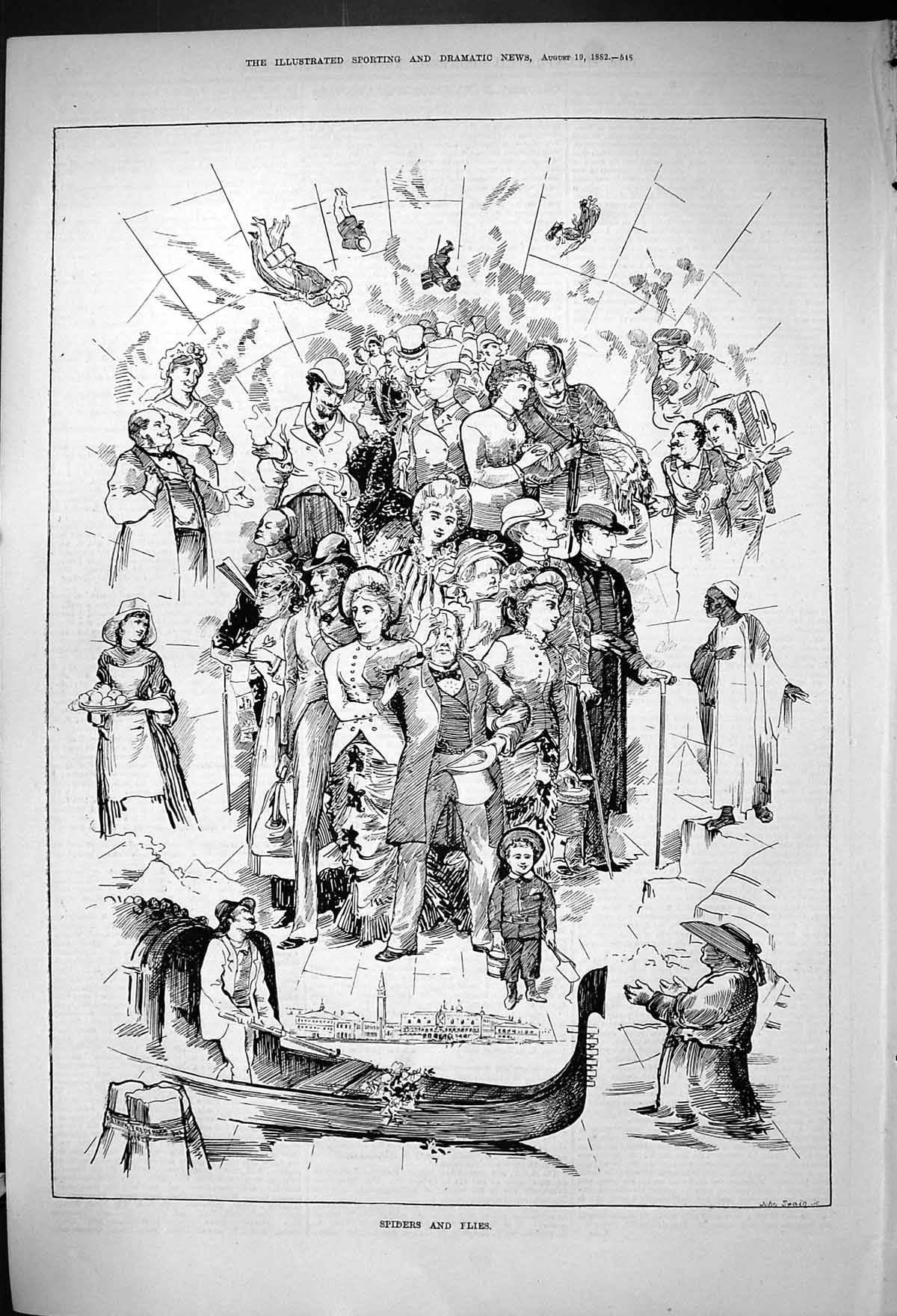Original Old Antique Print 1882 Spiders Flies Canal Boat People Religion 19th