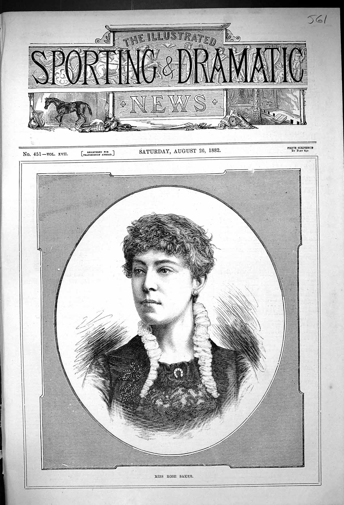 Original Old Antique Print 1882 Portrait Miss Rose Saker Beautiful Woman 19th