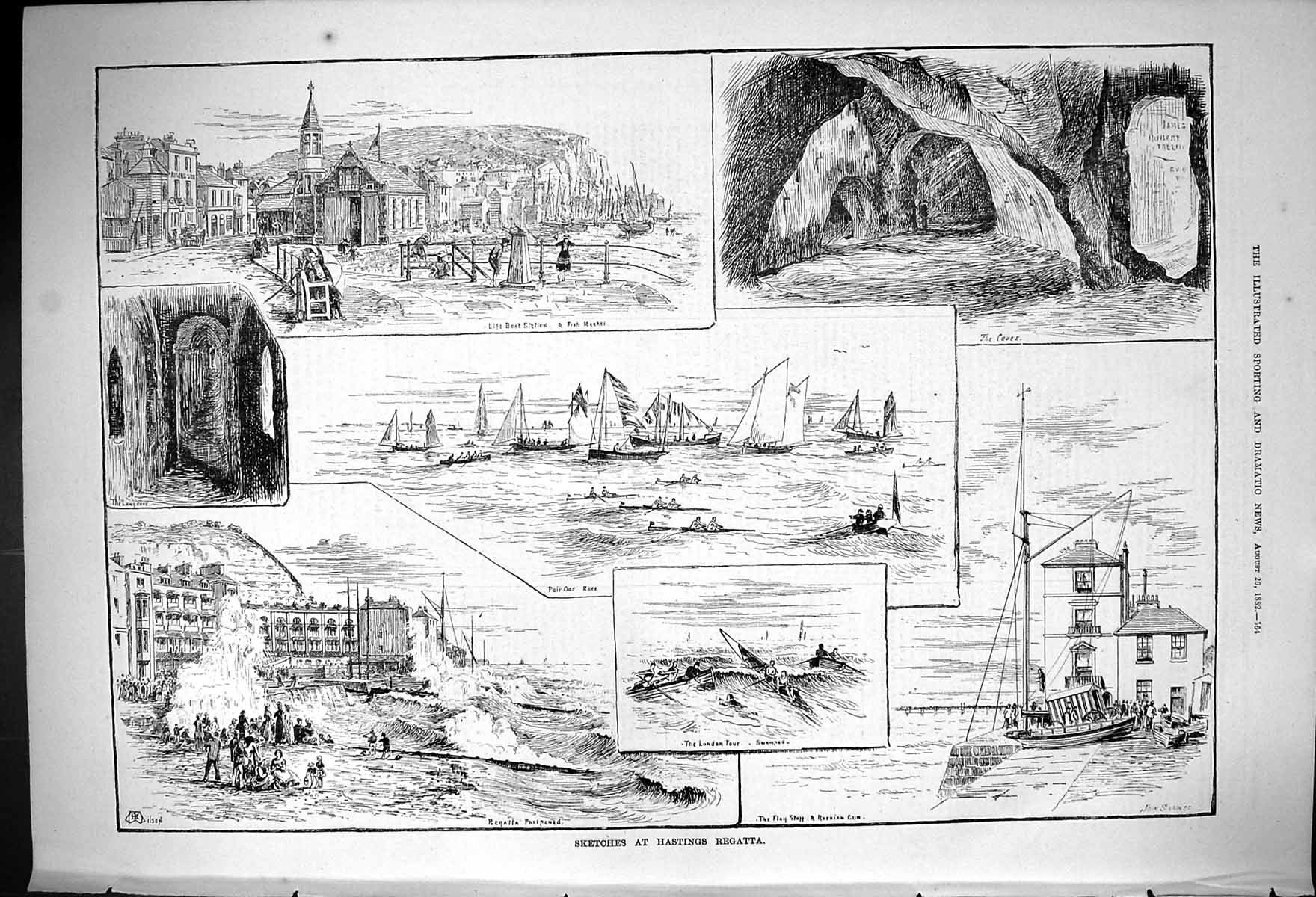 Antique Old Print 1882 Hastings Regatta Life Boat Station Caves Fish Market