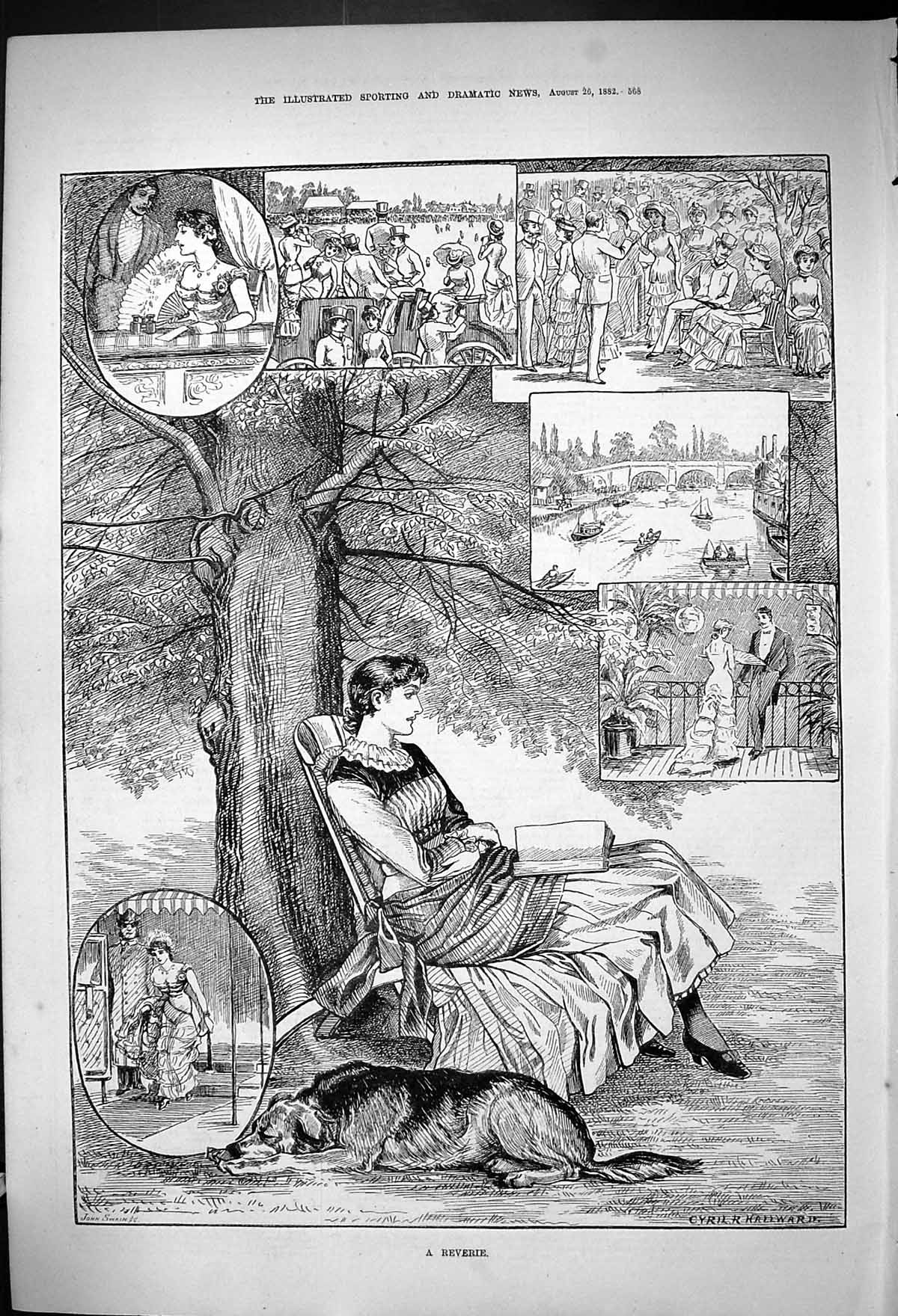 Old 1882 Reverie Beautiful Woman Sitting Garden Reading Book Boating Victorian