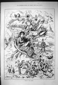 Old Print 1882 Virgo Sunflowers Beach Scene Hunting Birds Train Transport 19th