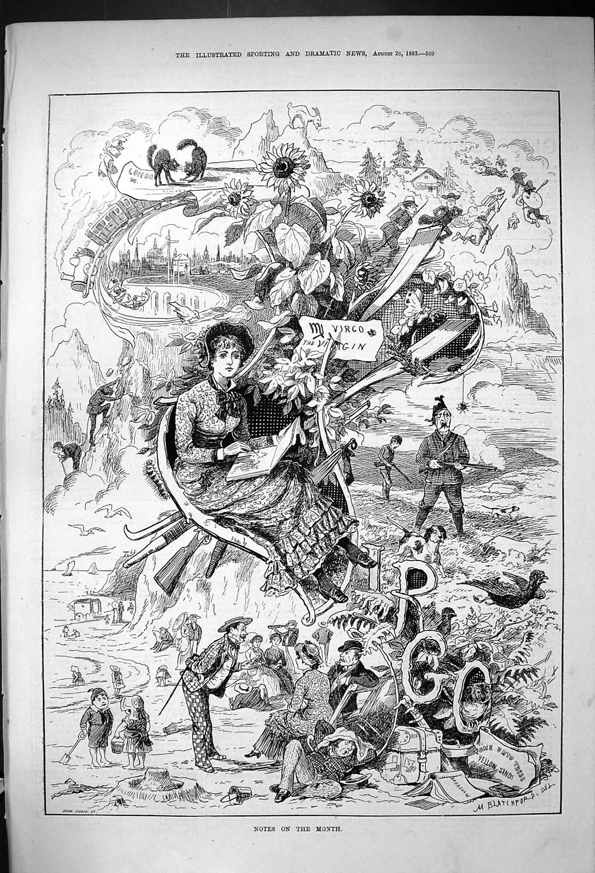 Old Print 1882 Virgo Sunflowers Beach Scene Hunting Birds Train Transport 19th