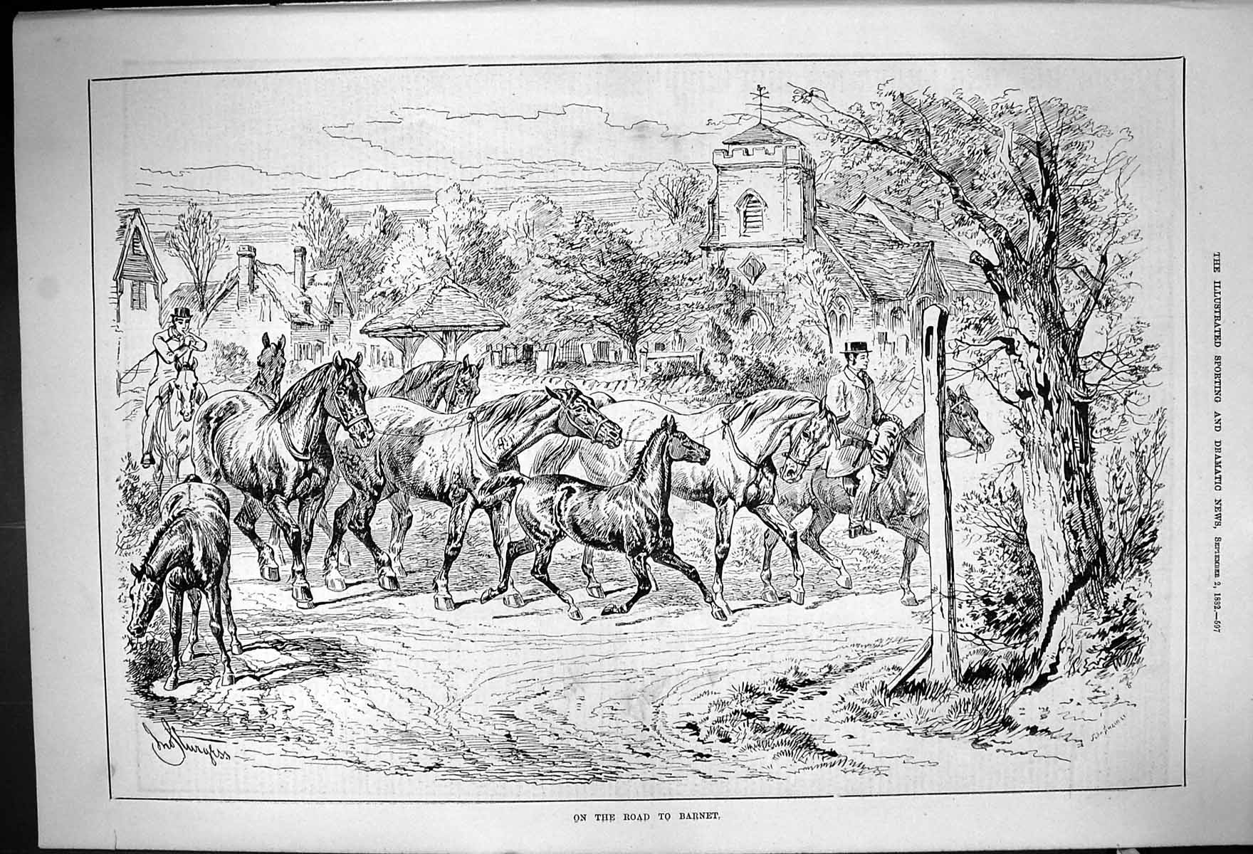 Old Antique Print 1882 Horses On The Road Barnet Market Church Graveyard 19th