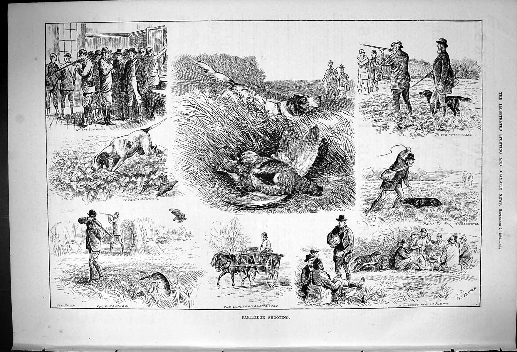 Old 1882 Partridge Shooting Hunting Birds Luncheon Game Cart Dogs Spo Victorian