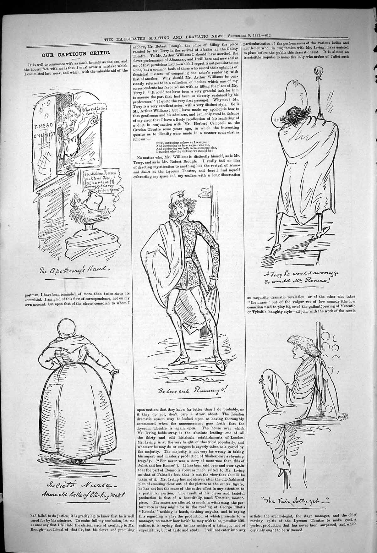 Old Antique Print 1882 Captious Critic Theatre Juliet Nurse Mead Chemist 19th