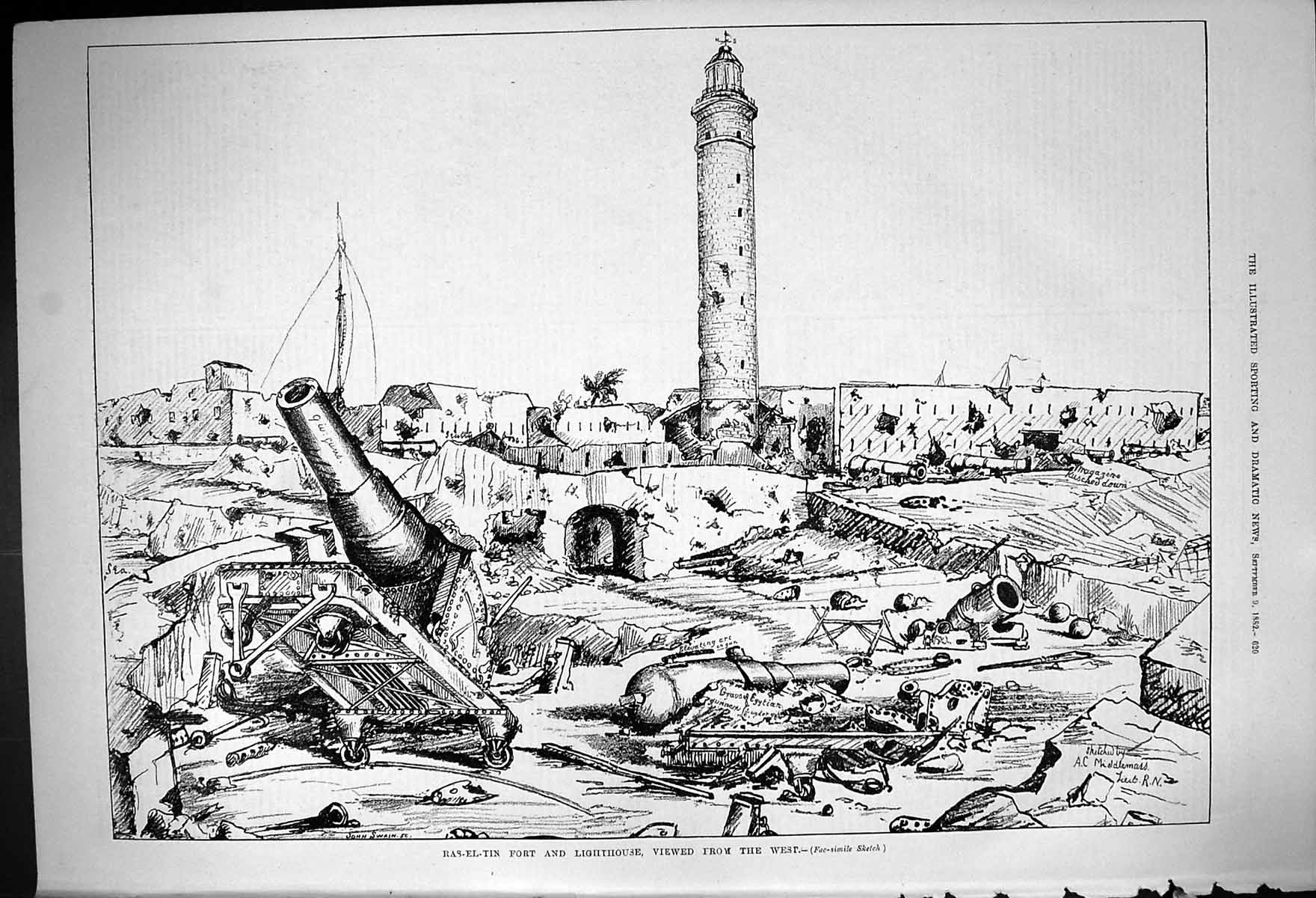 Antique Old Print 1882 Ras-El-Tin Fort Lighthouse War Weapons Swain Middlemas