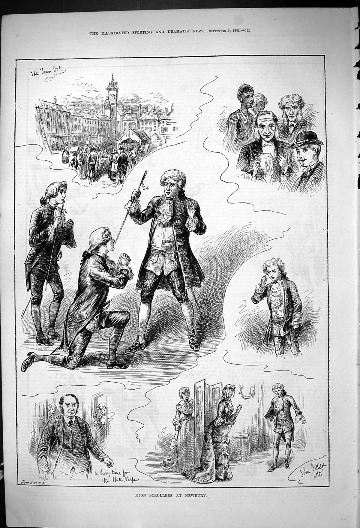 Original Old Antique Print Eton Strollers Newbury Town Hall Keeper 1882 19th
