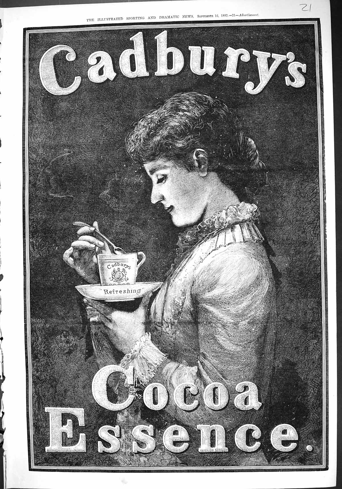 Old 1882 Advertisement Cadbury'S Cocoa Essence Beautiful Woman Cup Sa Victorian